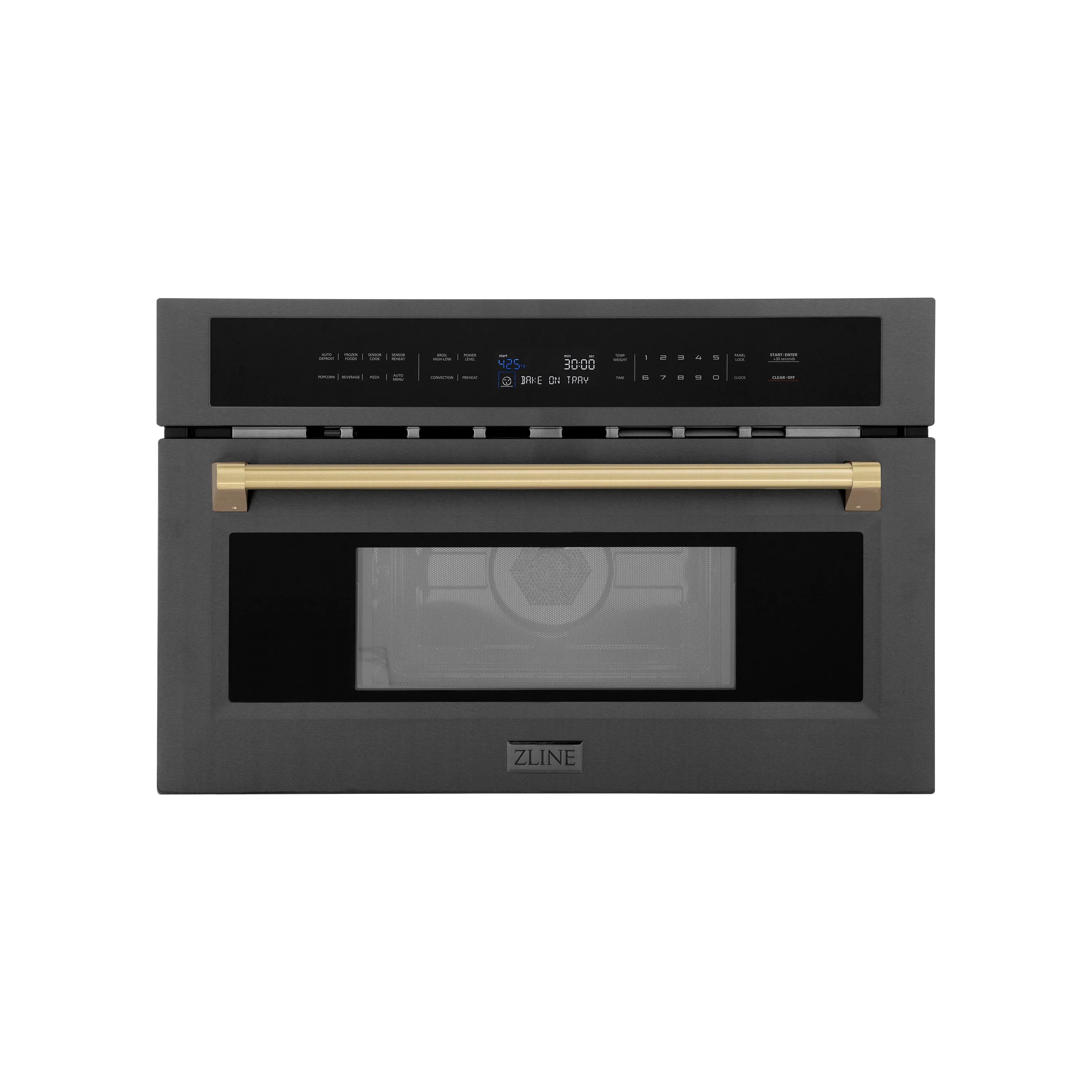 Black stainless steel single wall oven with glass door and champagne bronze handle trim