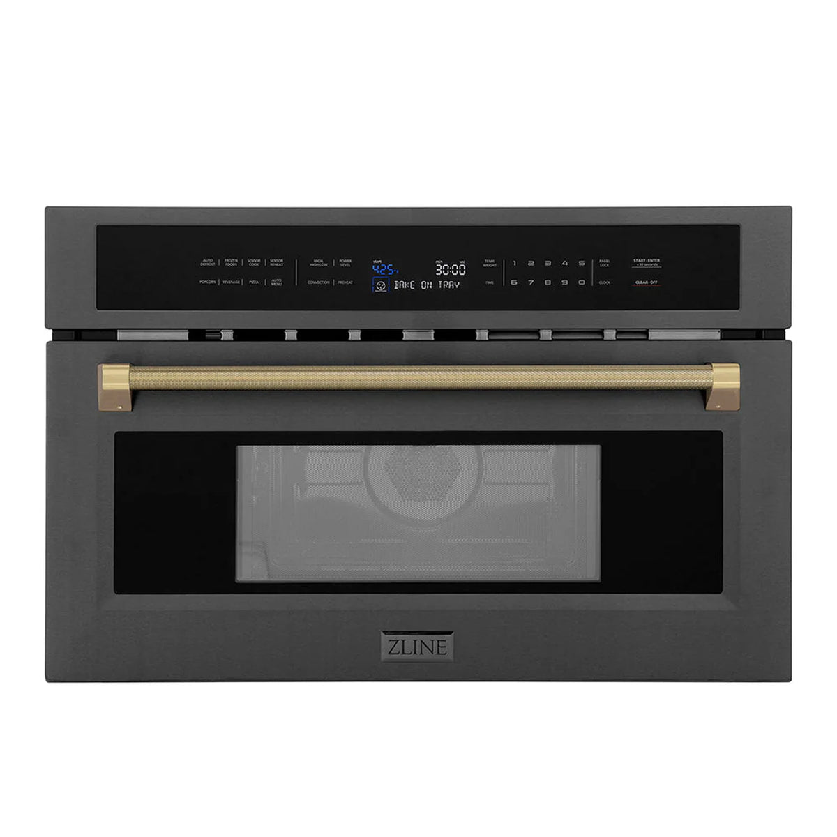 Black stainless microwave oven with champagne bronze helix handle and control panel
