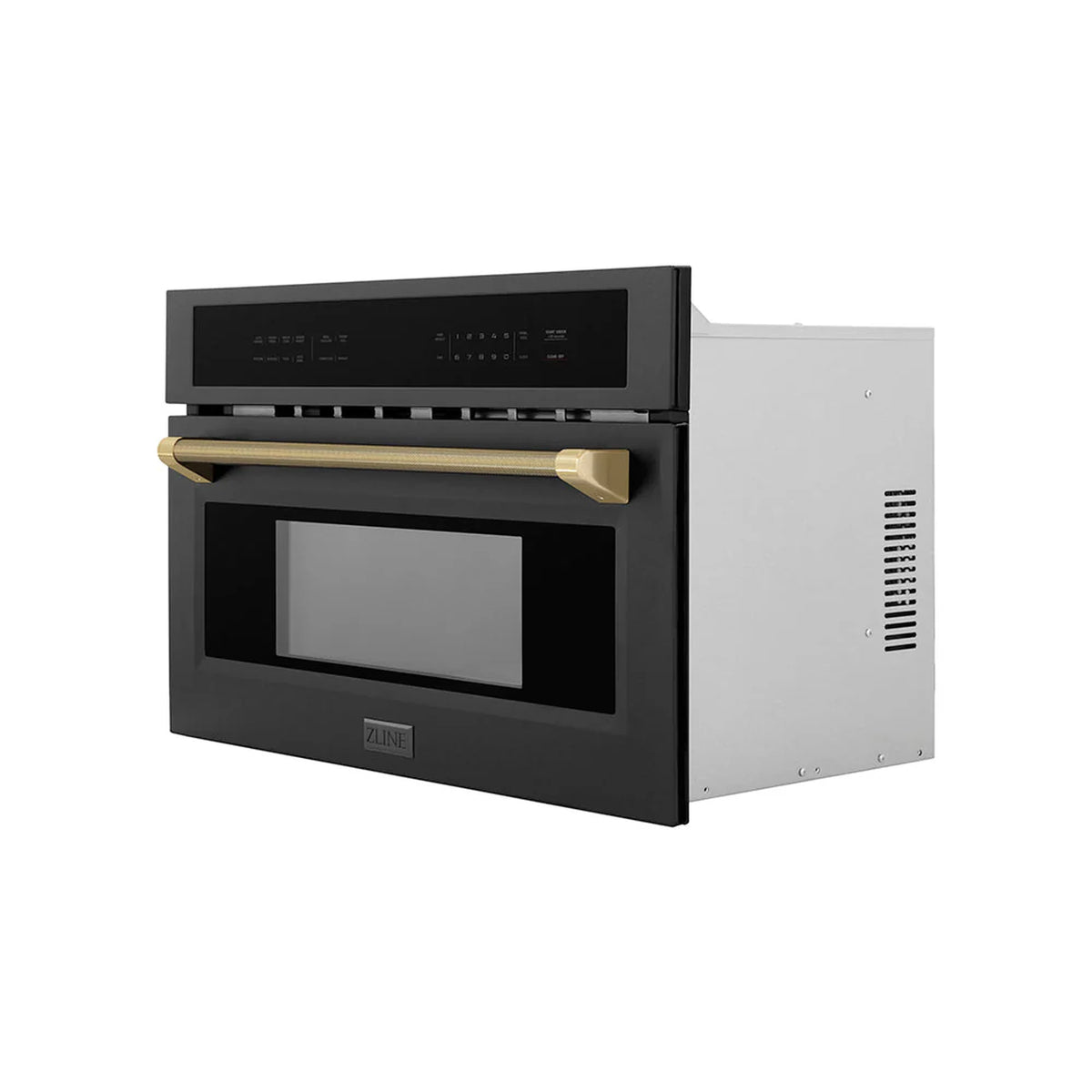 Black stainless microwave oven with champagne bronze helix handle and front controls
