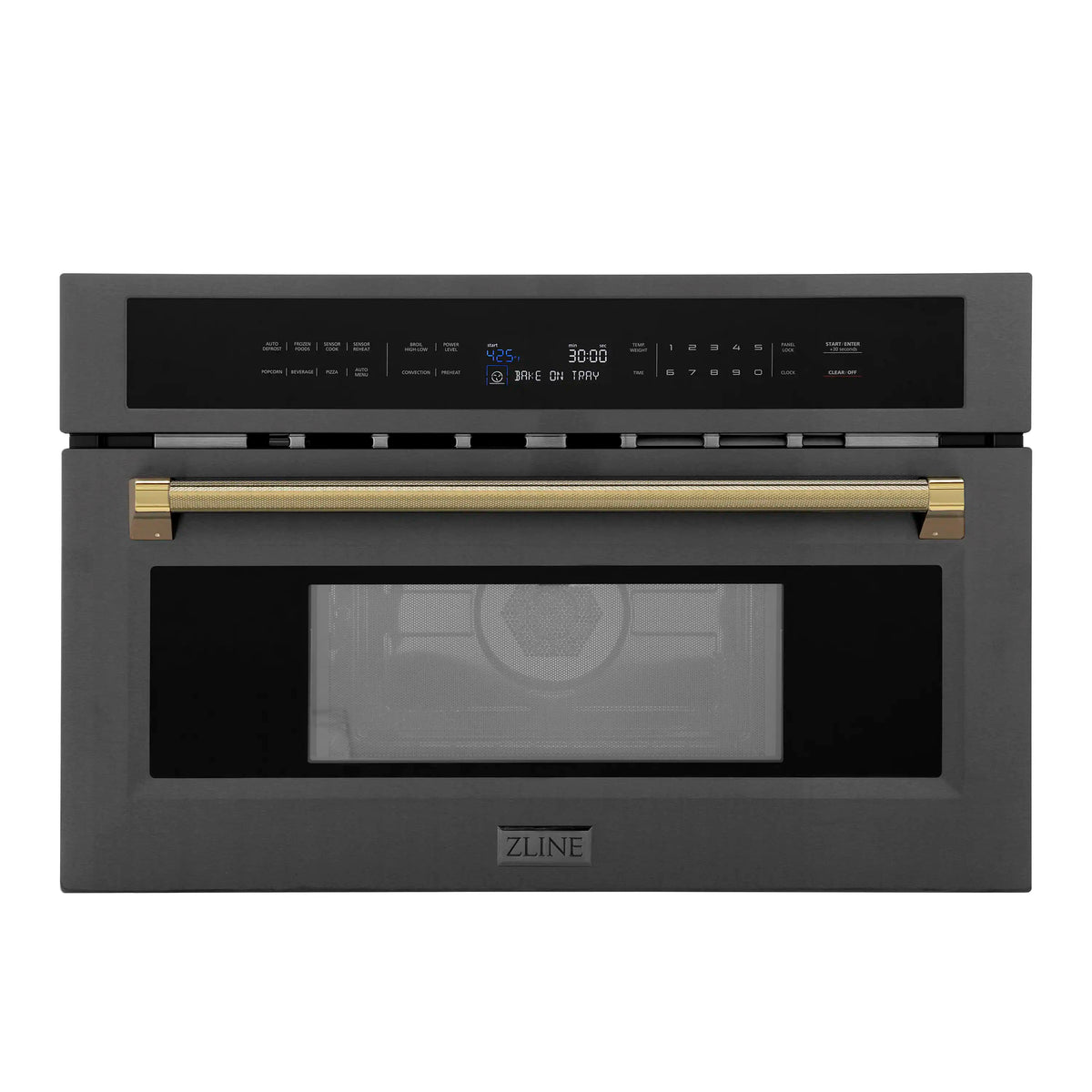 Built-in microwave oven with black stainless face, polished gold helix handle, front controls