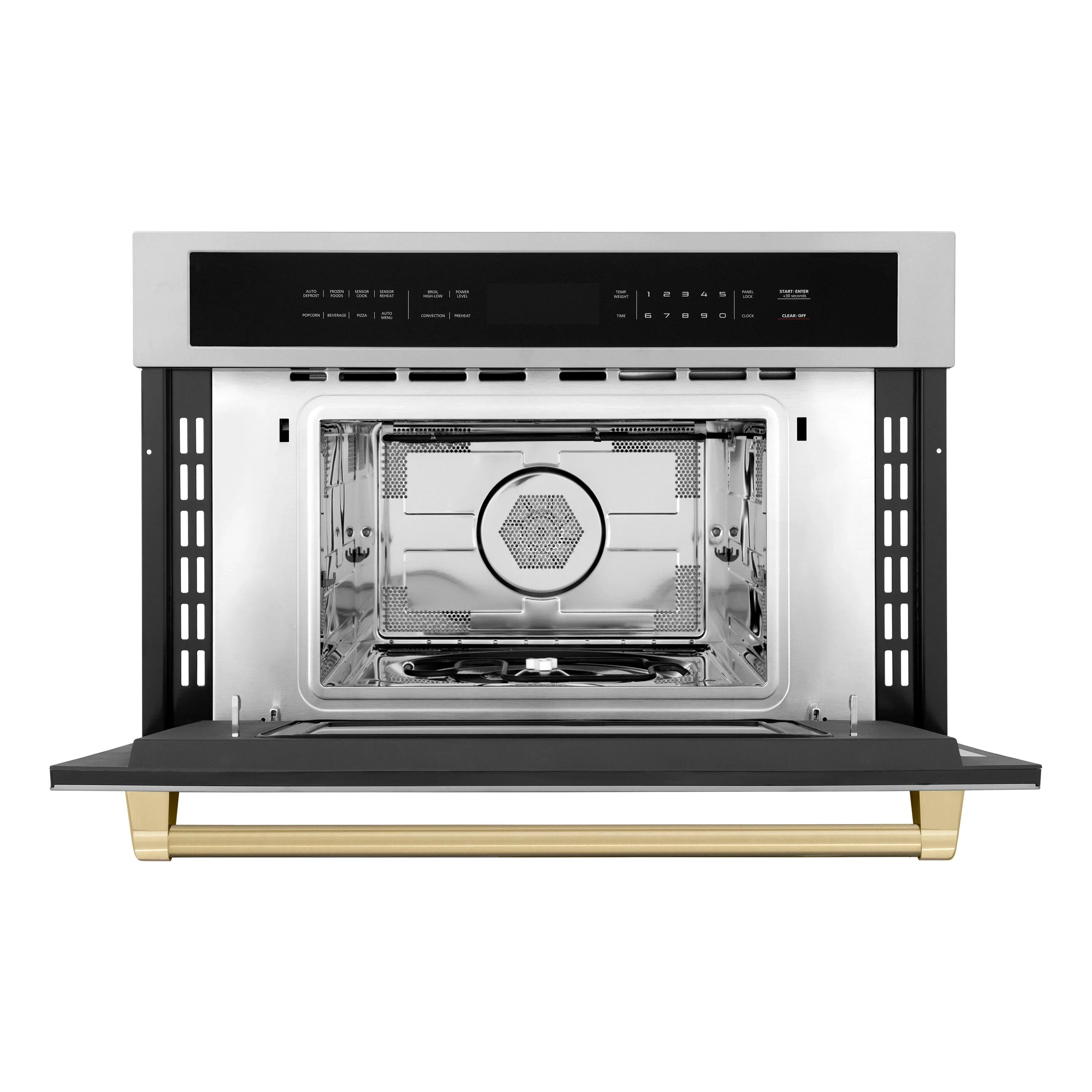 Built-in single wall oven door open, showing interior cavity and round convection fan