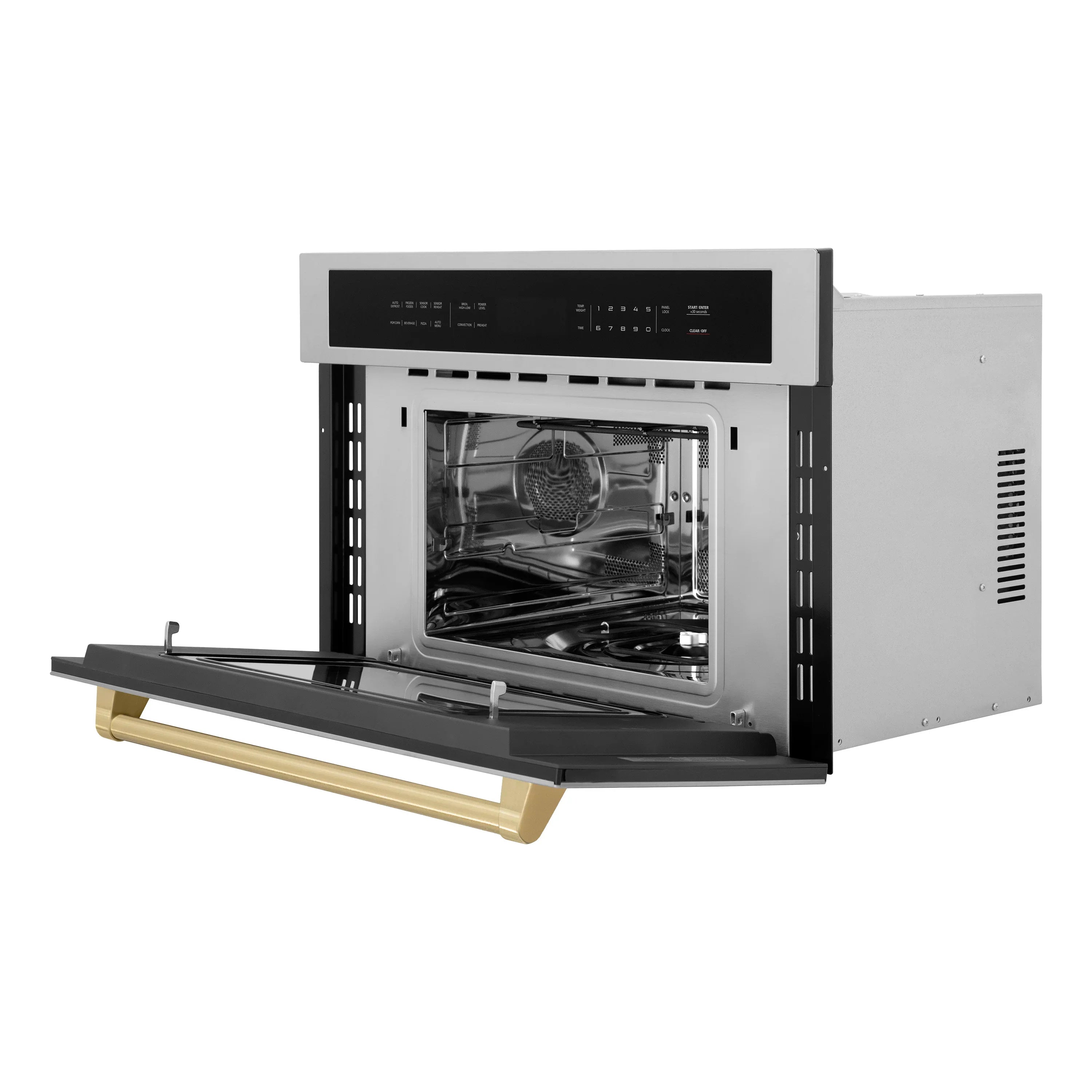 Single wall oven with door open and oven racks visible inside cavity
