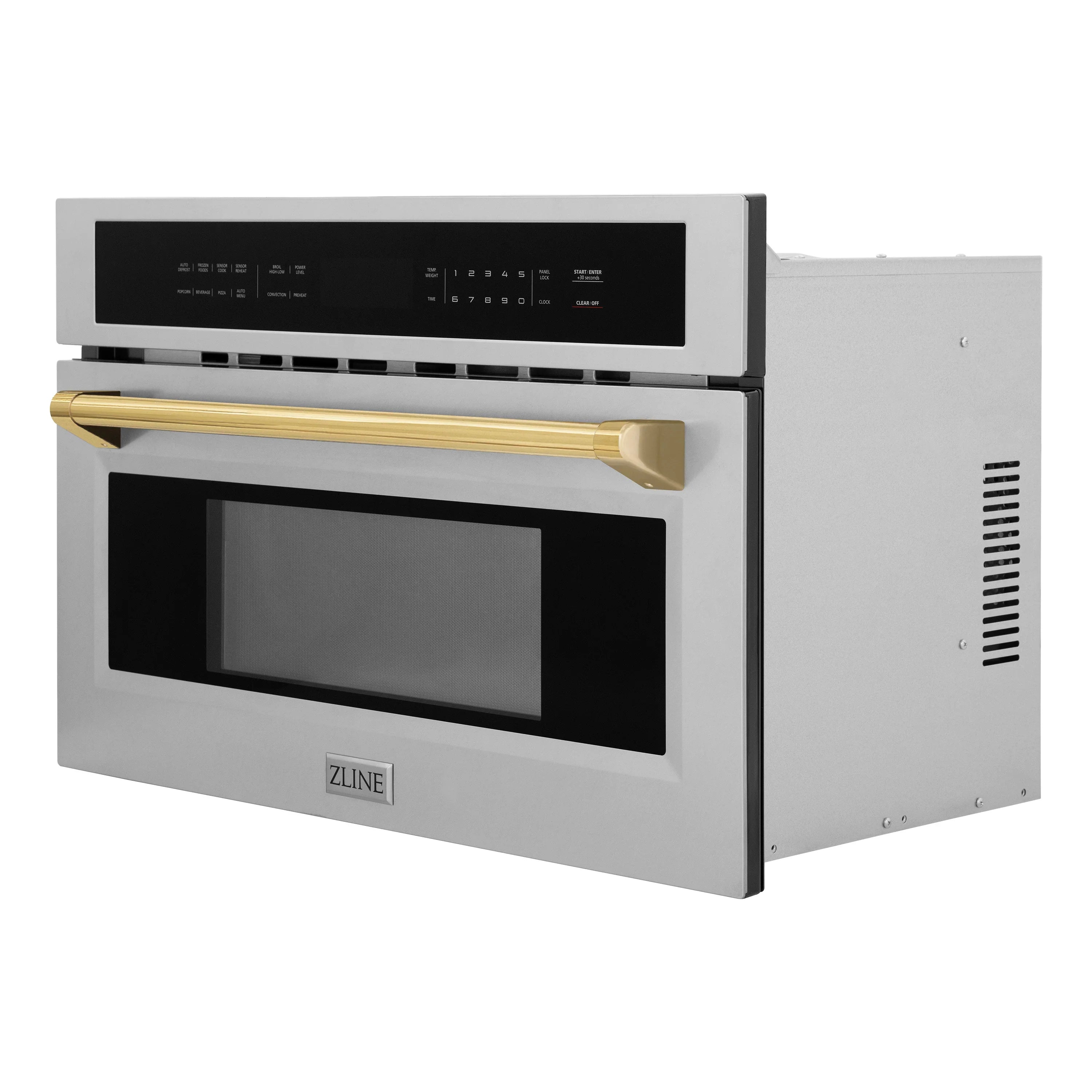 Stainless steel single wall oven with black glass door and gold trim handle