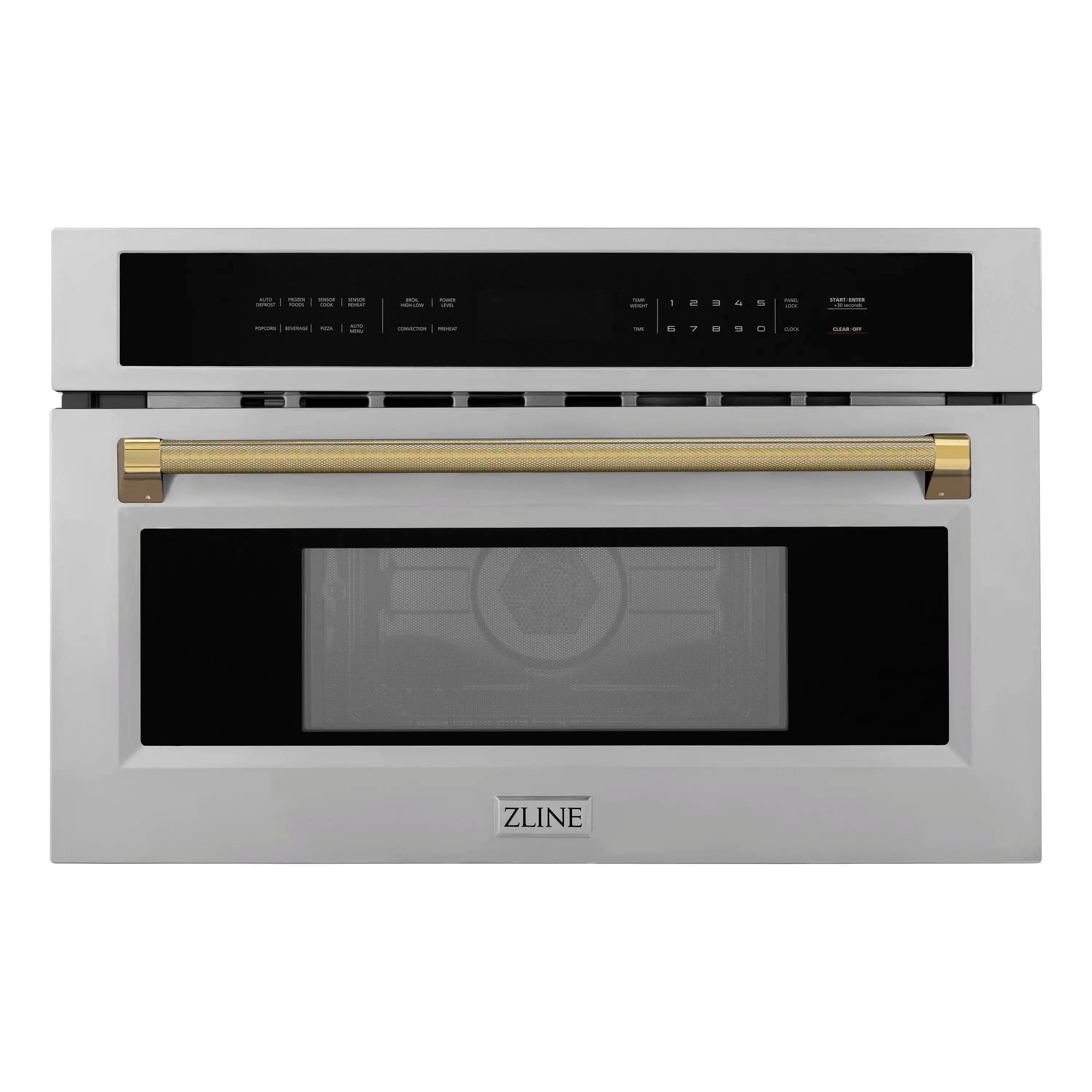 Built-in microwave oven with black glass control panel and polished gold handle