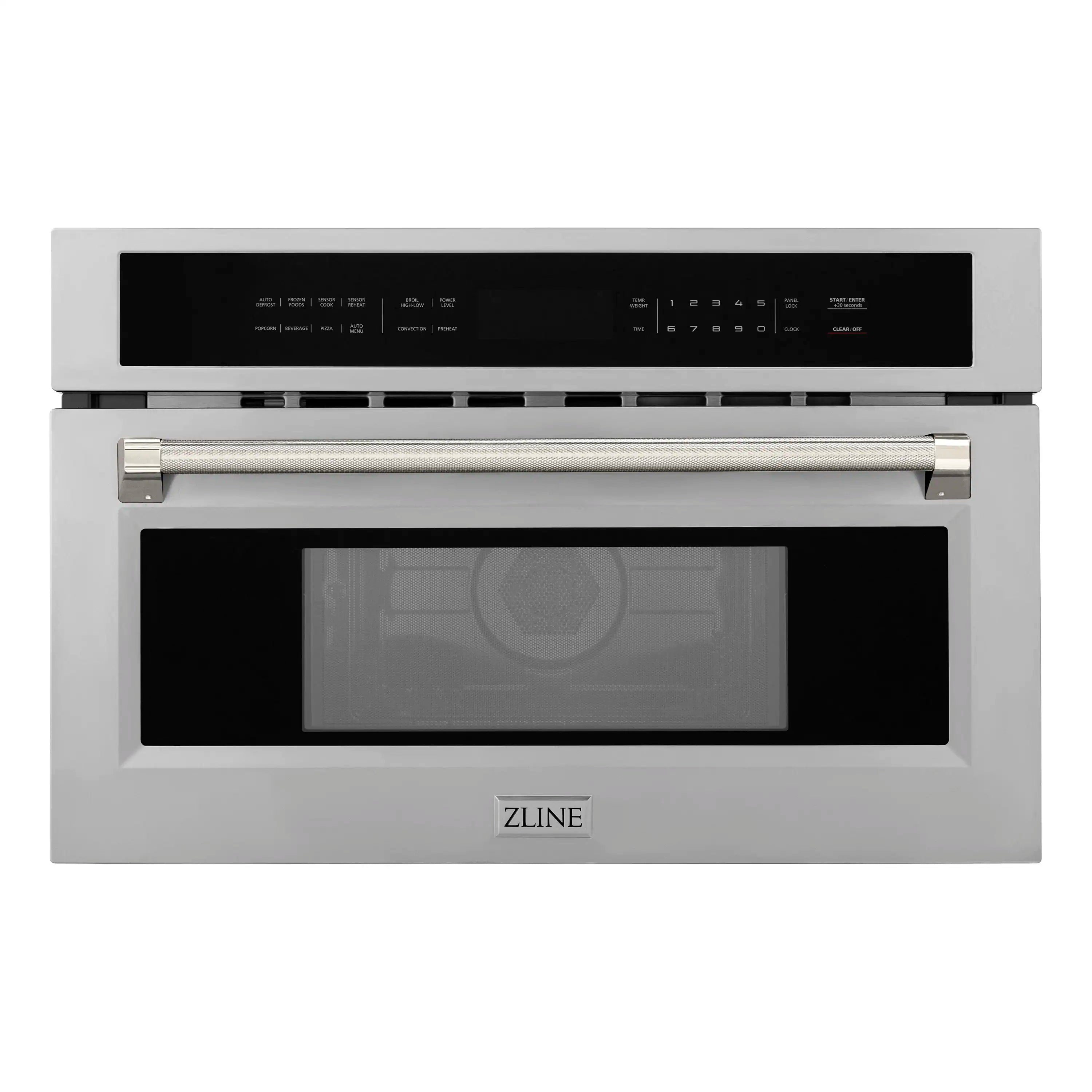 Built-in microwave oven with black glass door and stainless steel control panel