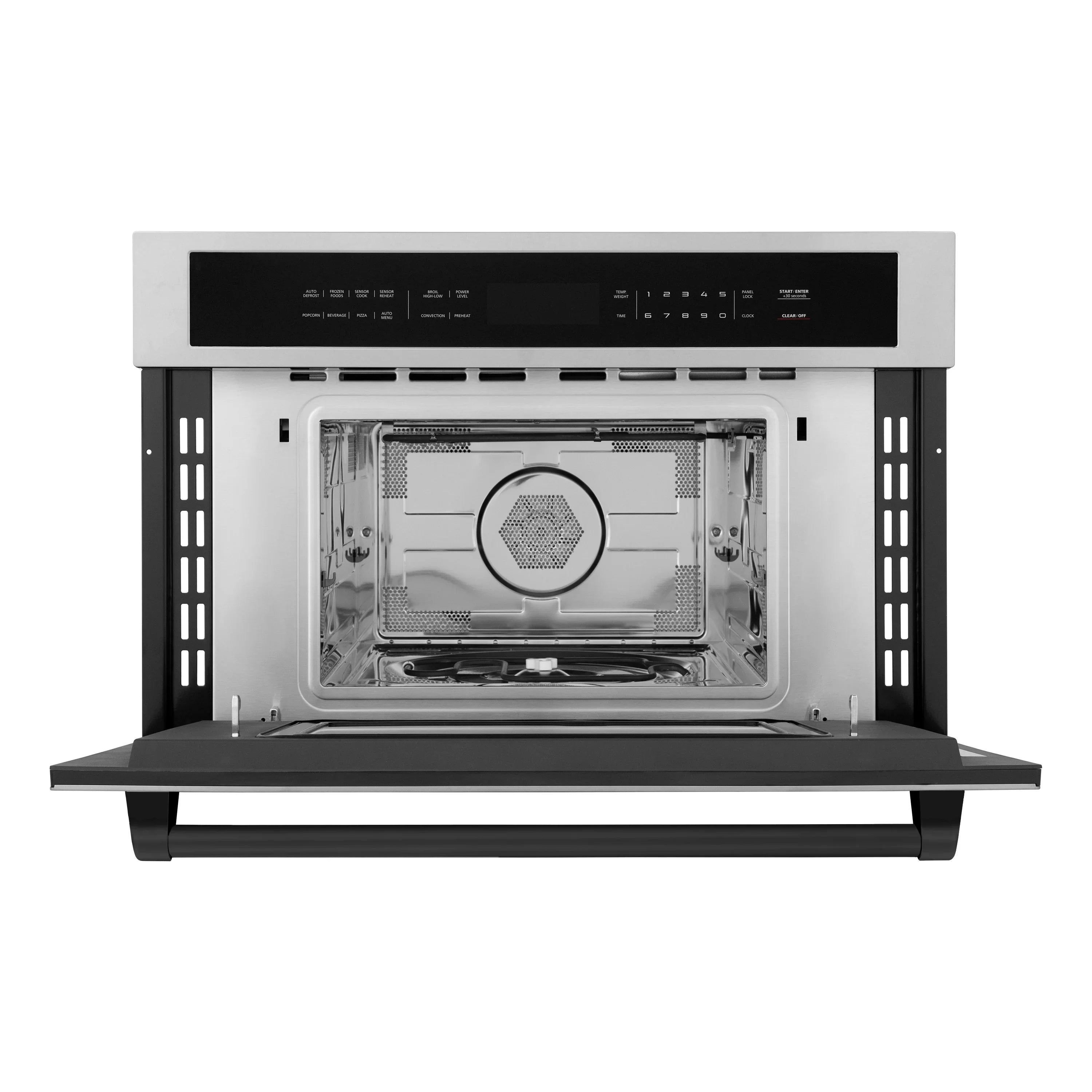 Single wall oven with open door showing cooking cavity and rack