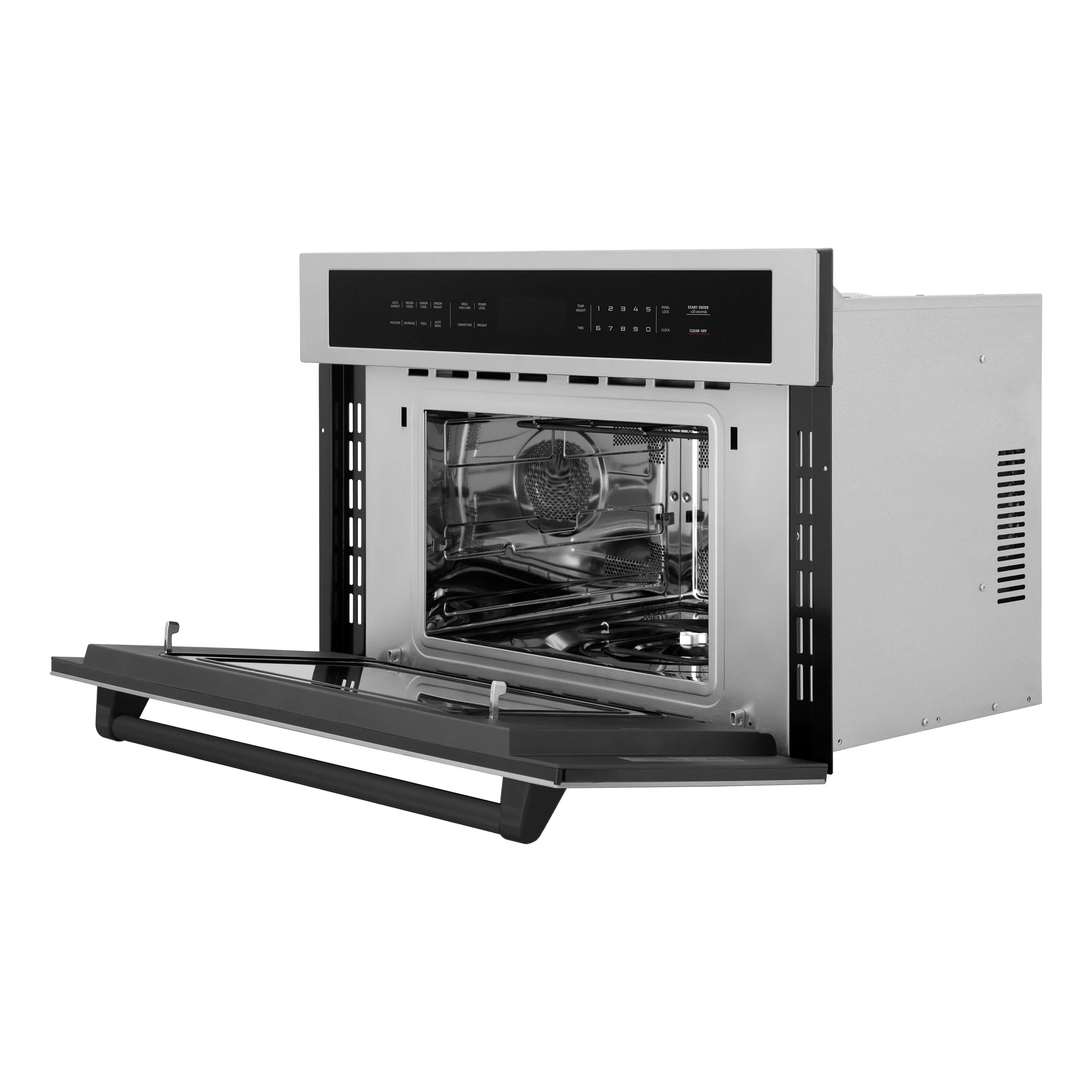 Single wall oven open with bake rack and visible interior cavity