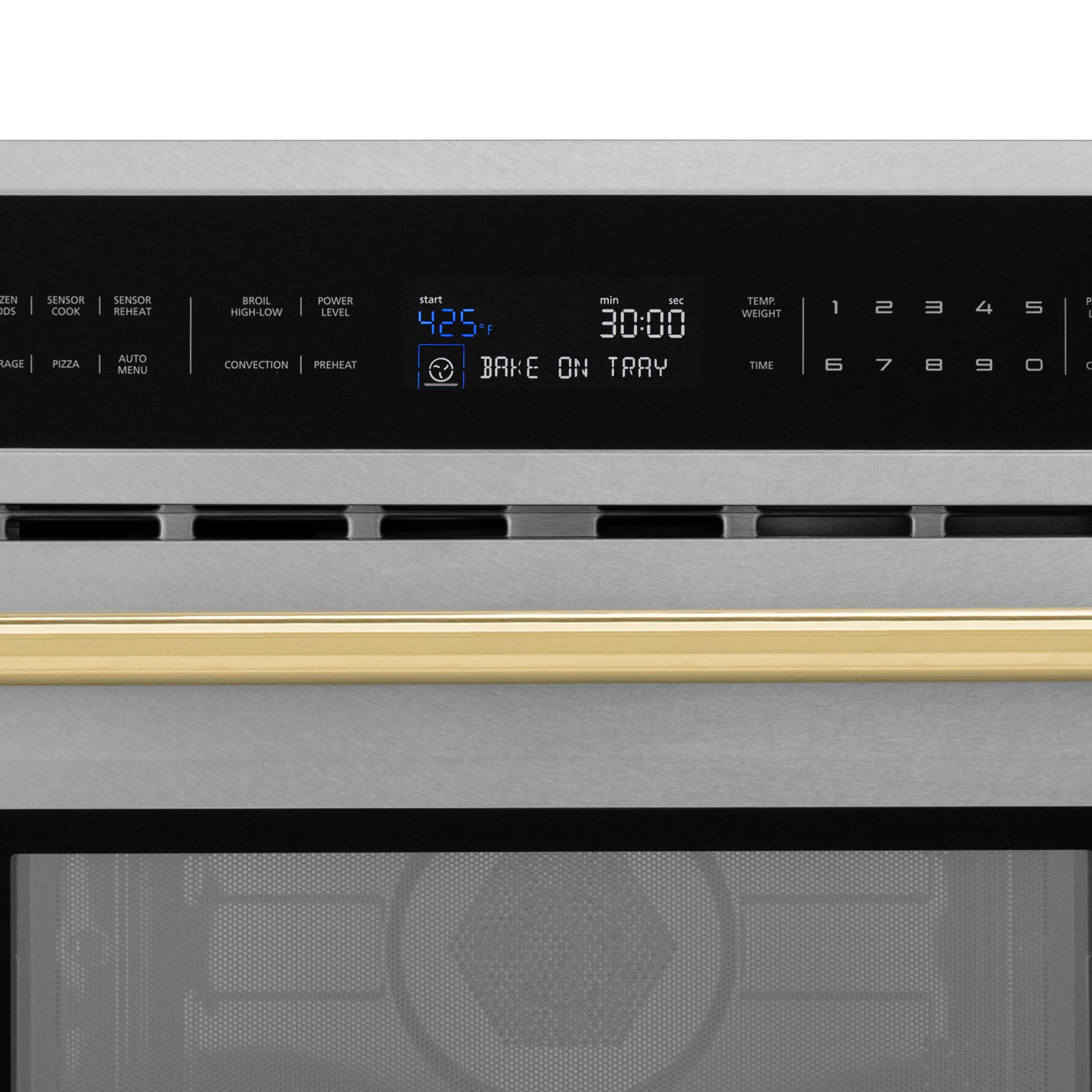 Close-up of wall oven control panel with digital display and buttons, gold accent handle trim