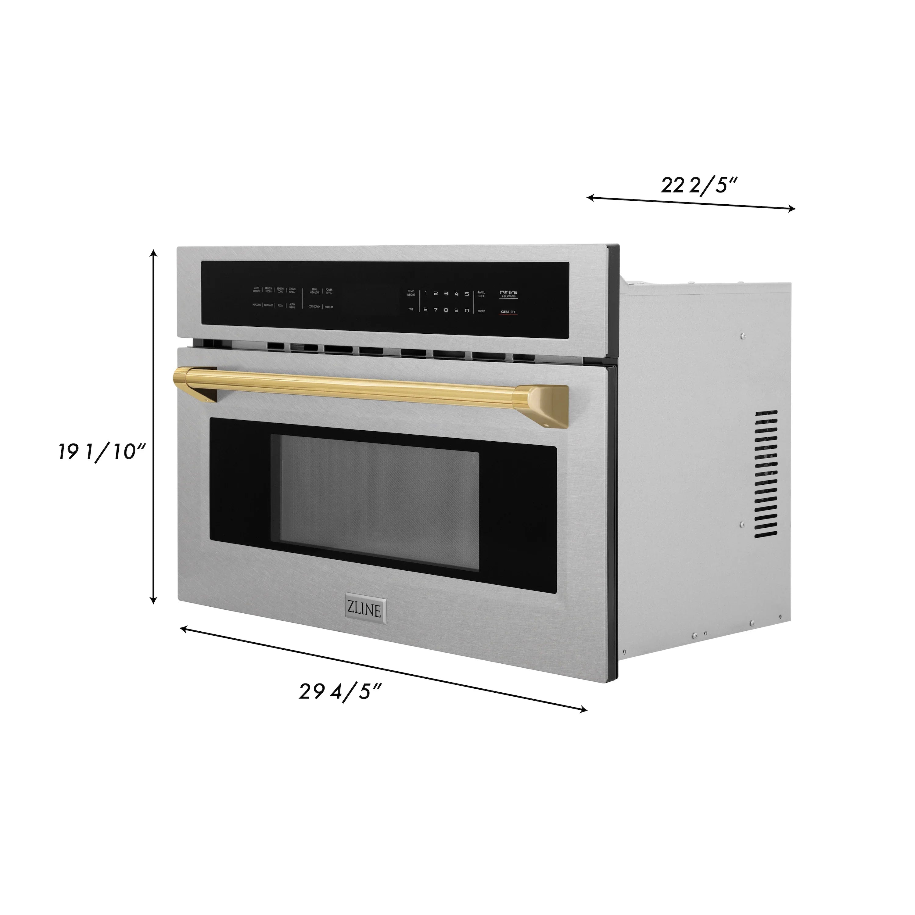 Built-in wall oven side view with control panel and black door window, gold trim handle