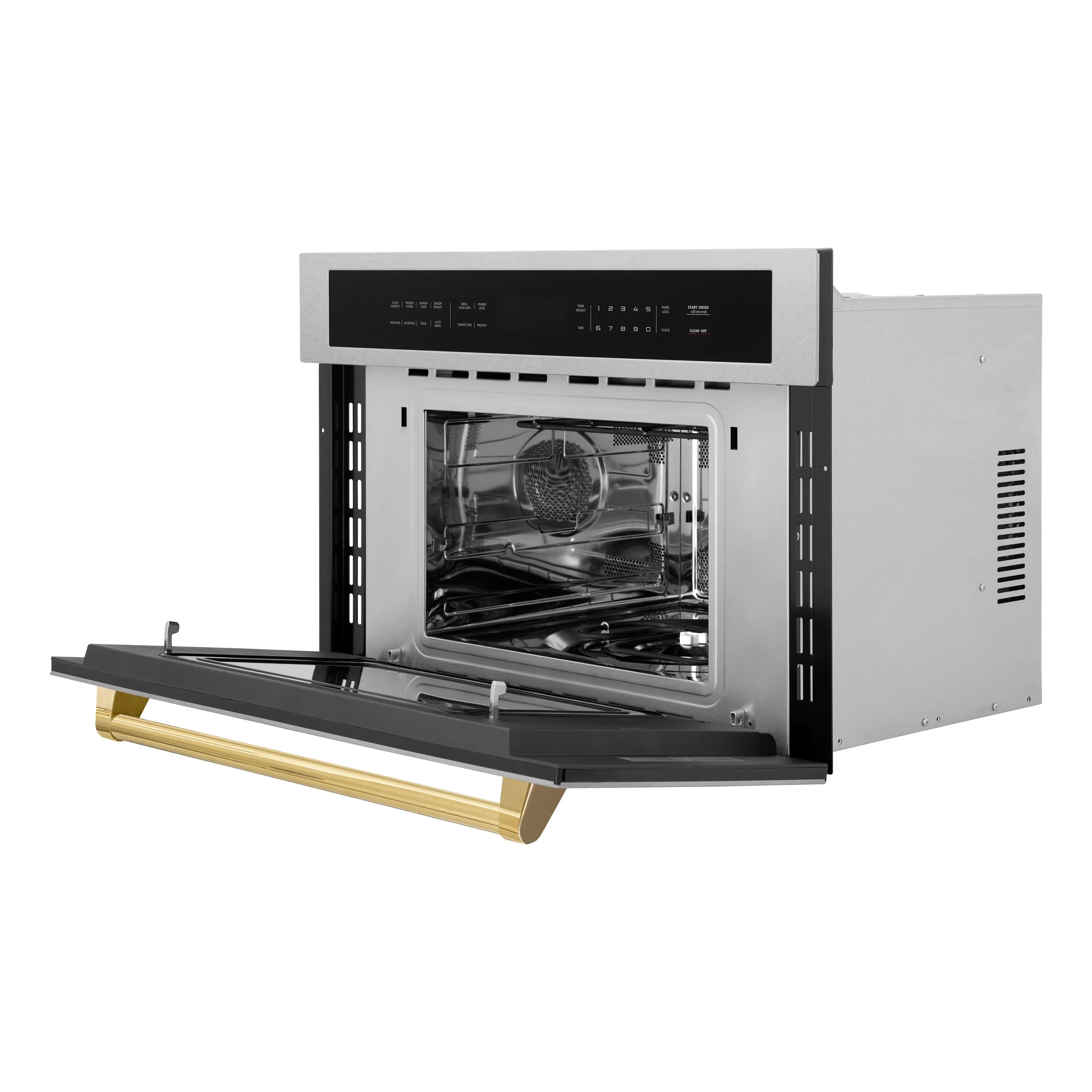 Wall oven with open door and visible interior cooking cavity, satin stainless and gold trim