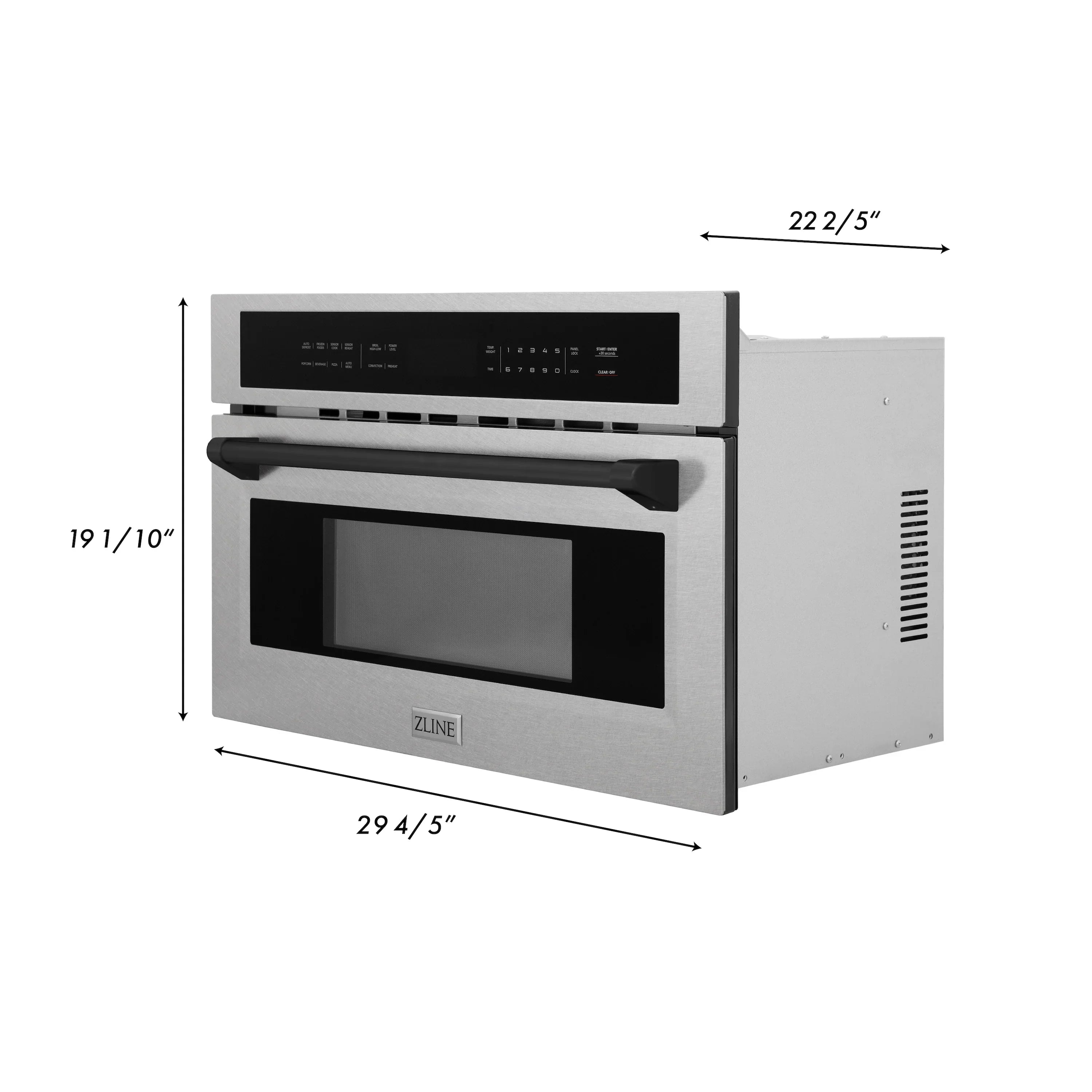 Built-in oven exterior dimensions 29 4/5 in by 19 1/10 in, satin stainless