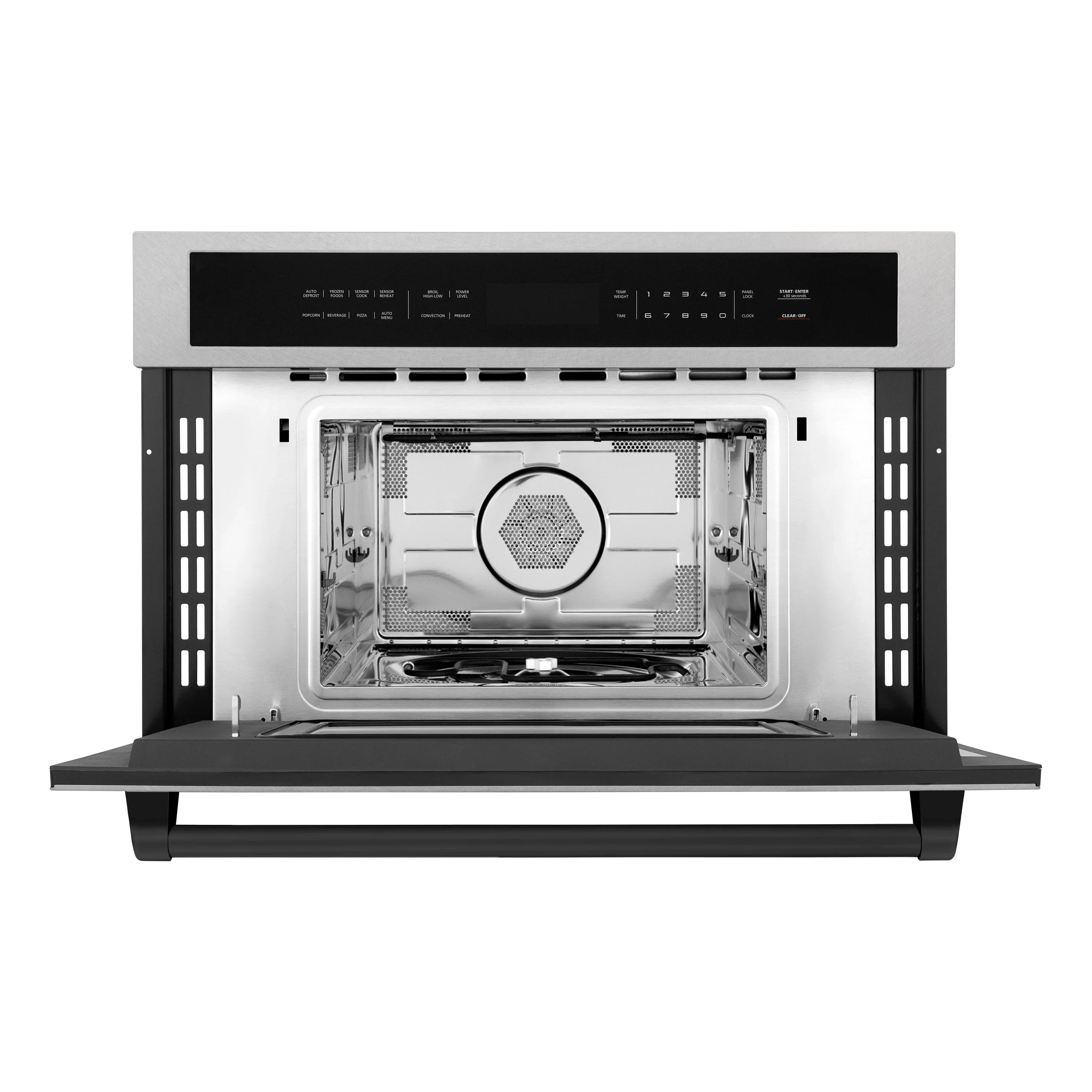 Built-in single wall oven with open door, stainless interior racks and control panel