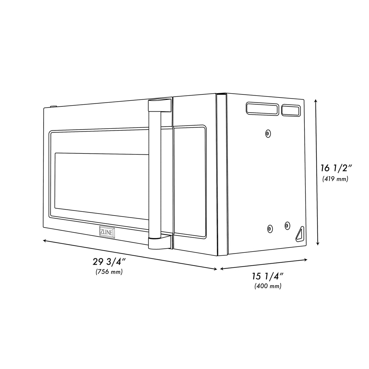 Stainless steel over-the-range microwave oven line drawing with size measurements
