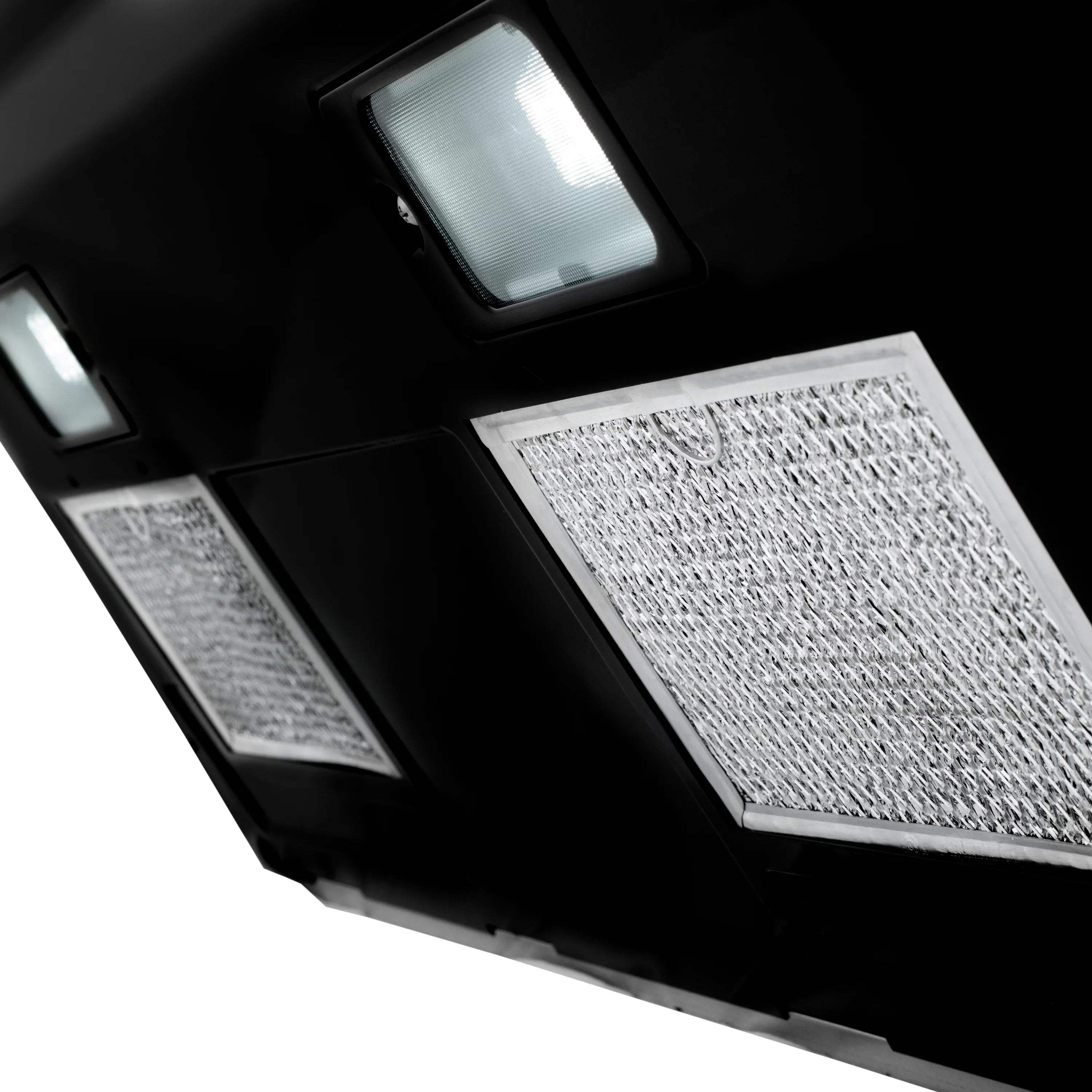 ZLINE microwave hood close-up of mesh filters and illuminated light fixtures