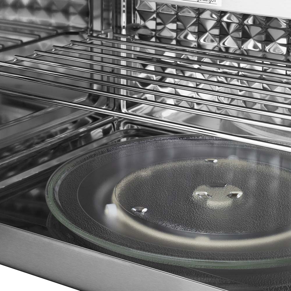 Stainless steel gas cooktop with black burner grates and circular burner caps
