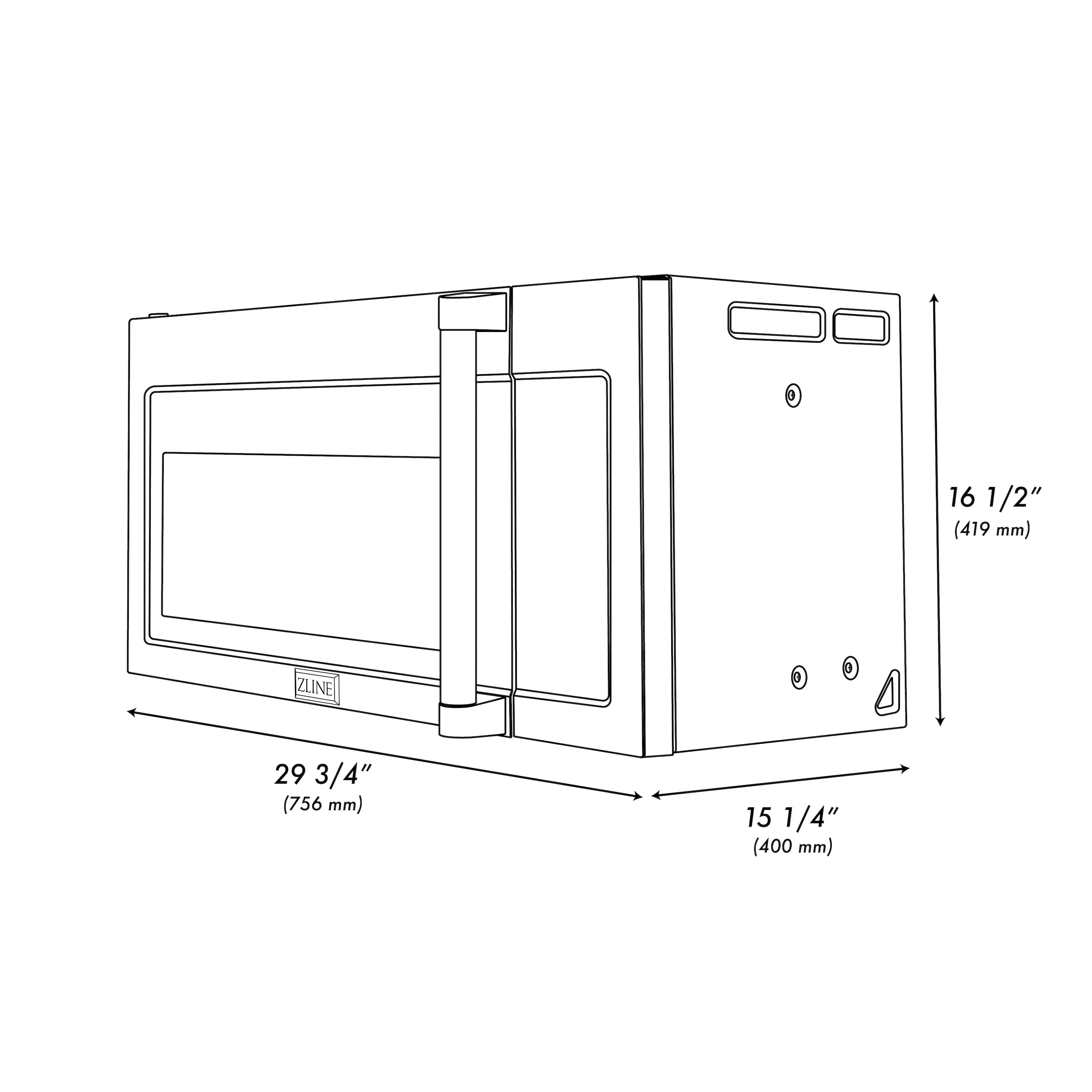 Appliance package outline with labeled measurements for microwave and rangetop