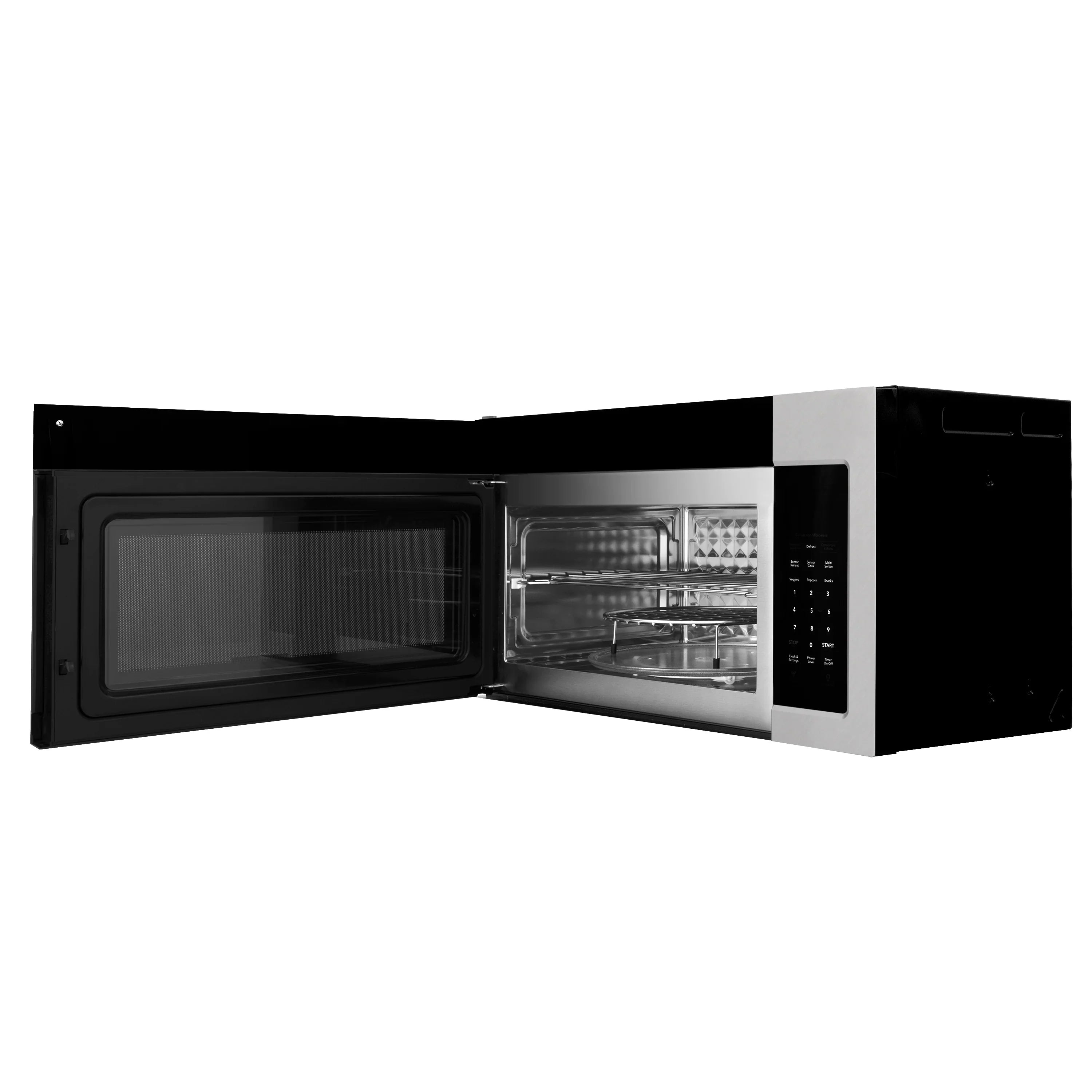 ZLINE over-the-range microwave with open door showing interior rack