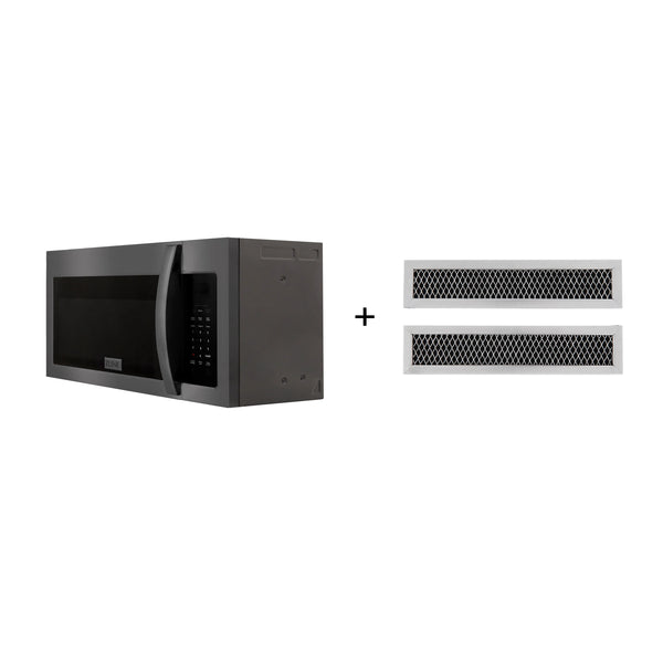 ZLINE 30-Inch 1.5 cu. ft. Over the Range Microwave in Black Stainless Steel with Modern Handle and Set of 2 Charcoal Filters (MMWO-OTRCF-30-BS)