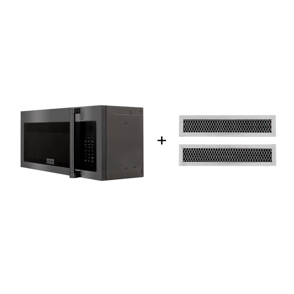 ZLINE 30-Inch 1.5 cu. ft. Over the Range Microwave in Black Stainless Steel with Traditional Handle and Set of 2 Charcoal Filters (MWO-OTRCFH-30-BS)