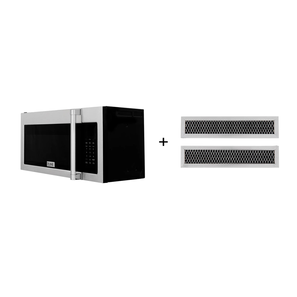 Over-the-range microwave with two charcoal filter panels shown next to it