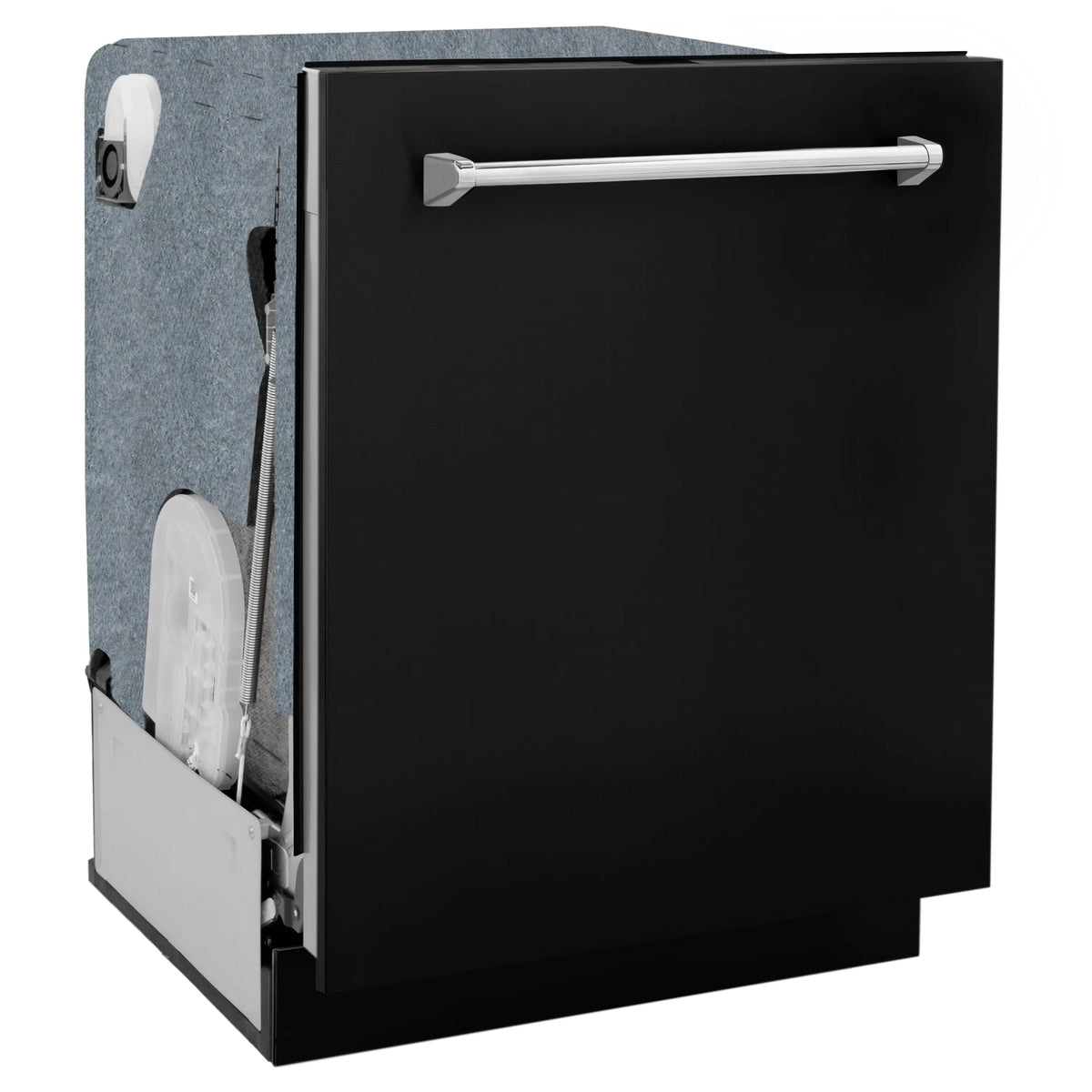 Black matte dishwasher side view showing open interior racks and silver bar handle