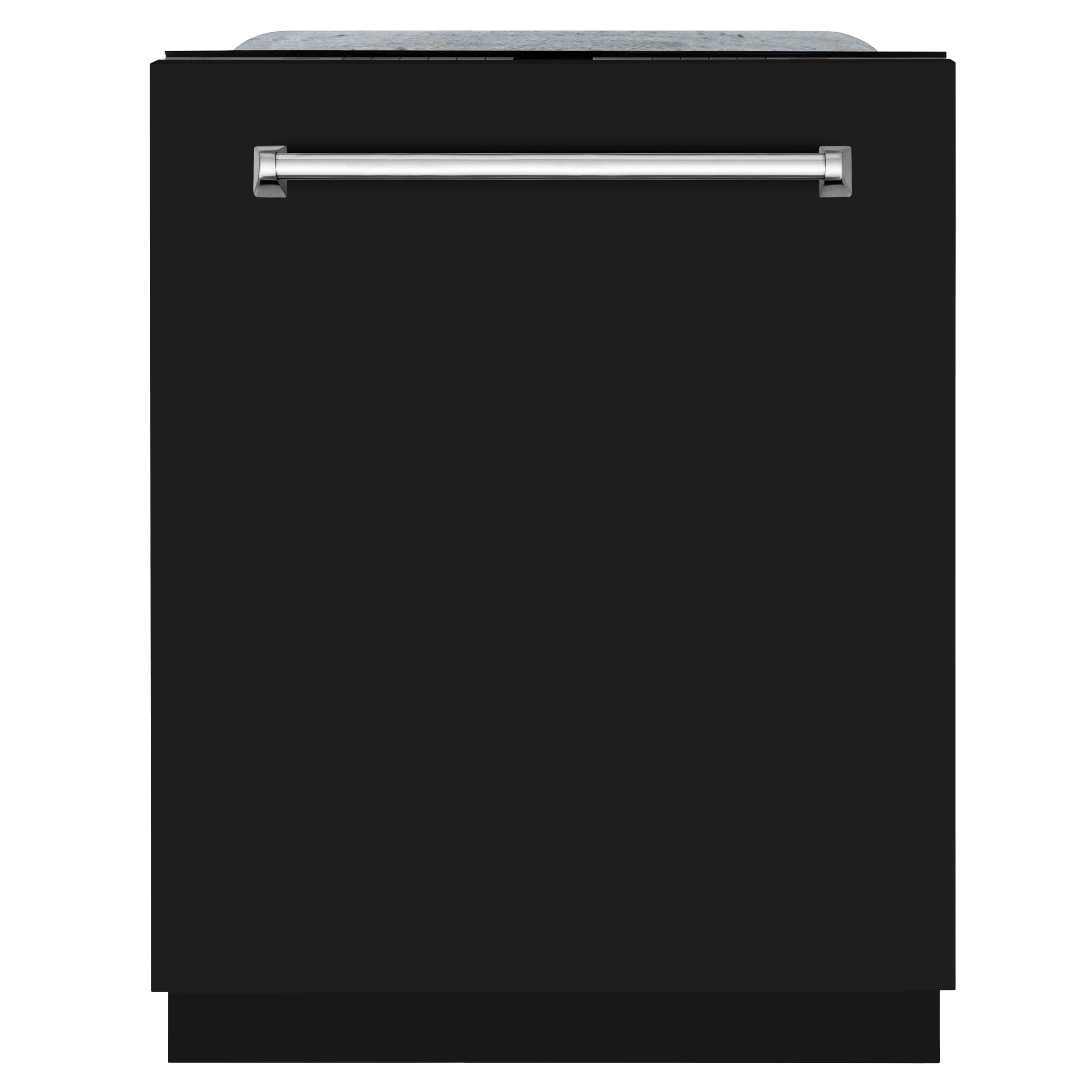 Black matte dishwasher door with silver bar handle, front view