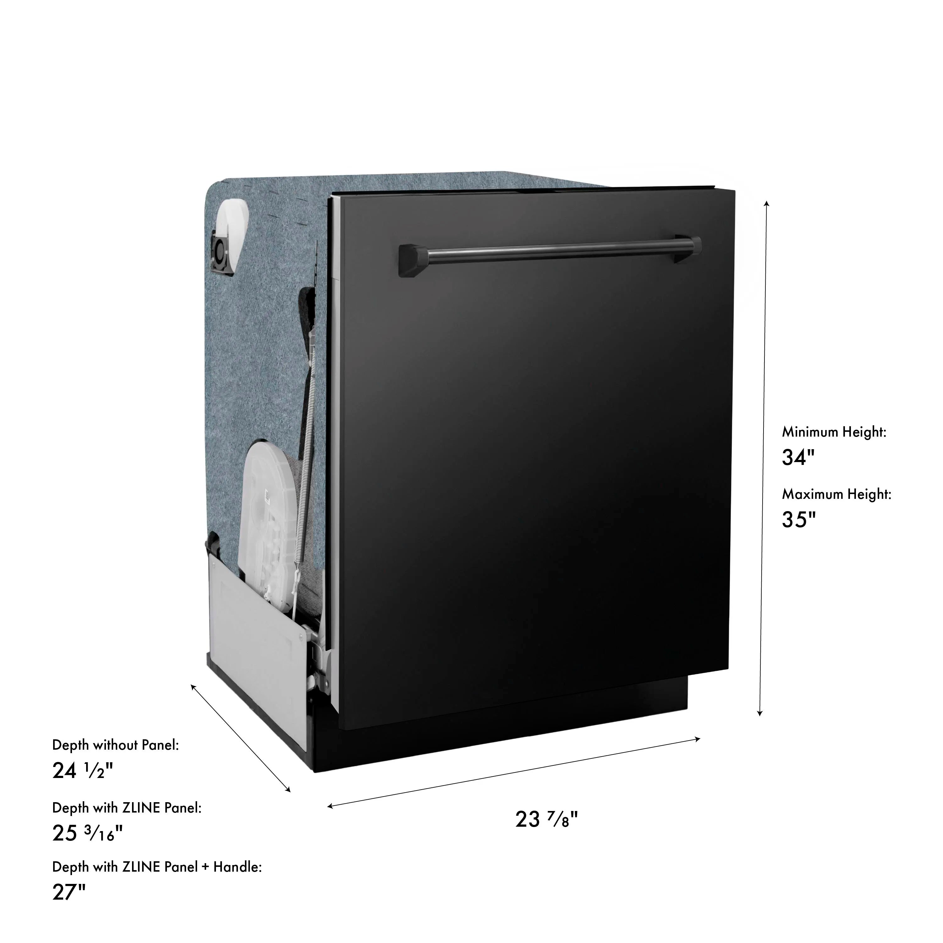 Black stainless steel built-in dishwasher cabinet with handle and dimensions