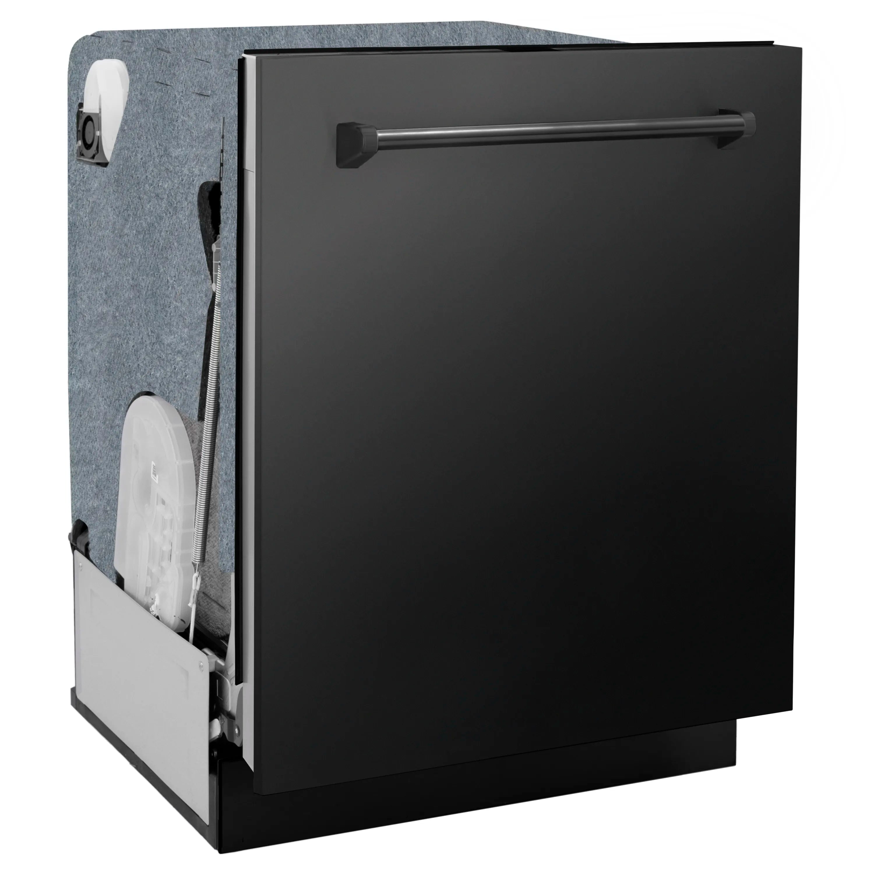 Black stainless steel dishwasher front with recessed handle and side insulation