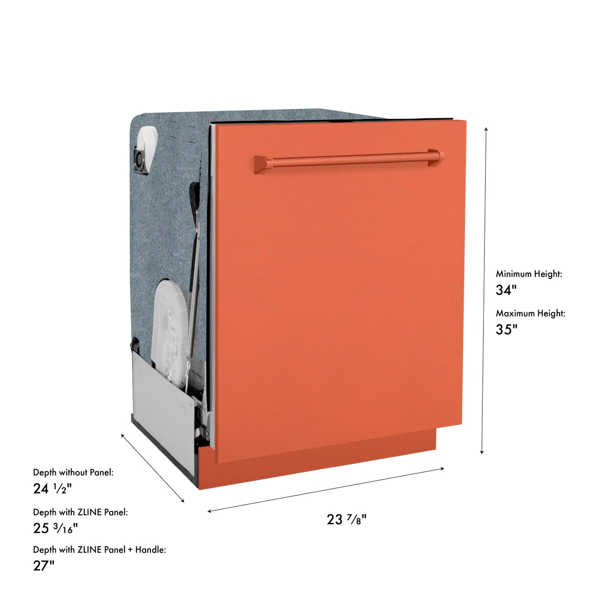 Dishwasher door panel with handle and depth and height dimension diagram
