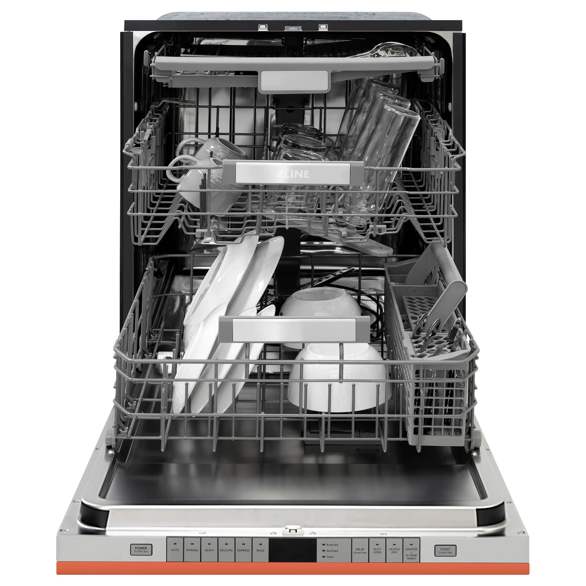 Dishwasher open with upper and lower racks loaded with dishes and cutlery