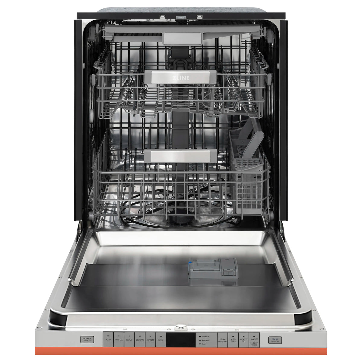 ZLINE dishwasher with open door, interior racks, and stainless steel tub