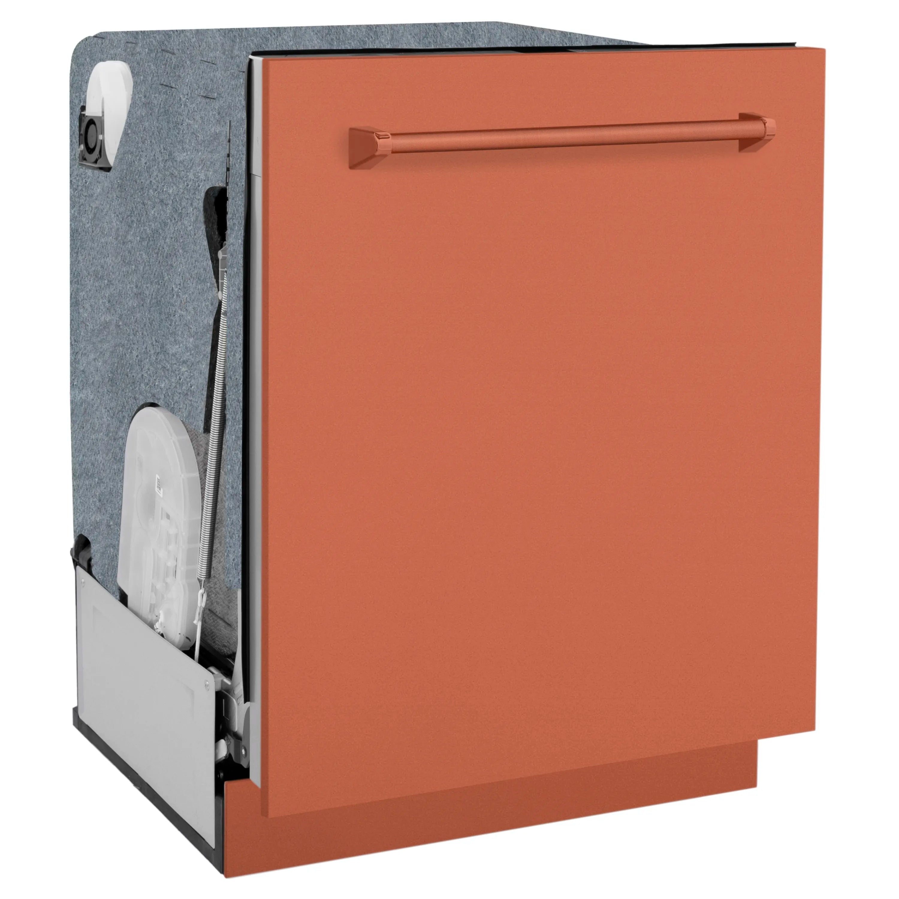 ZLINE copper dishwasher with left side view showing open door interior panel
