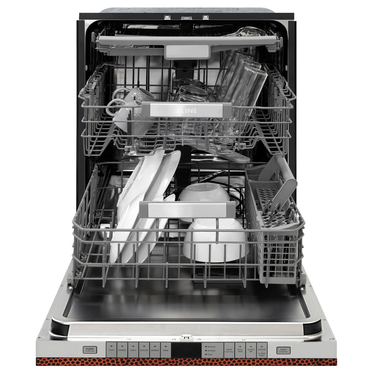 Dishwasher interior with racks and dishware loaded for a wash cycle