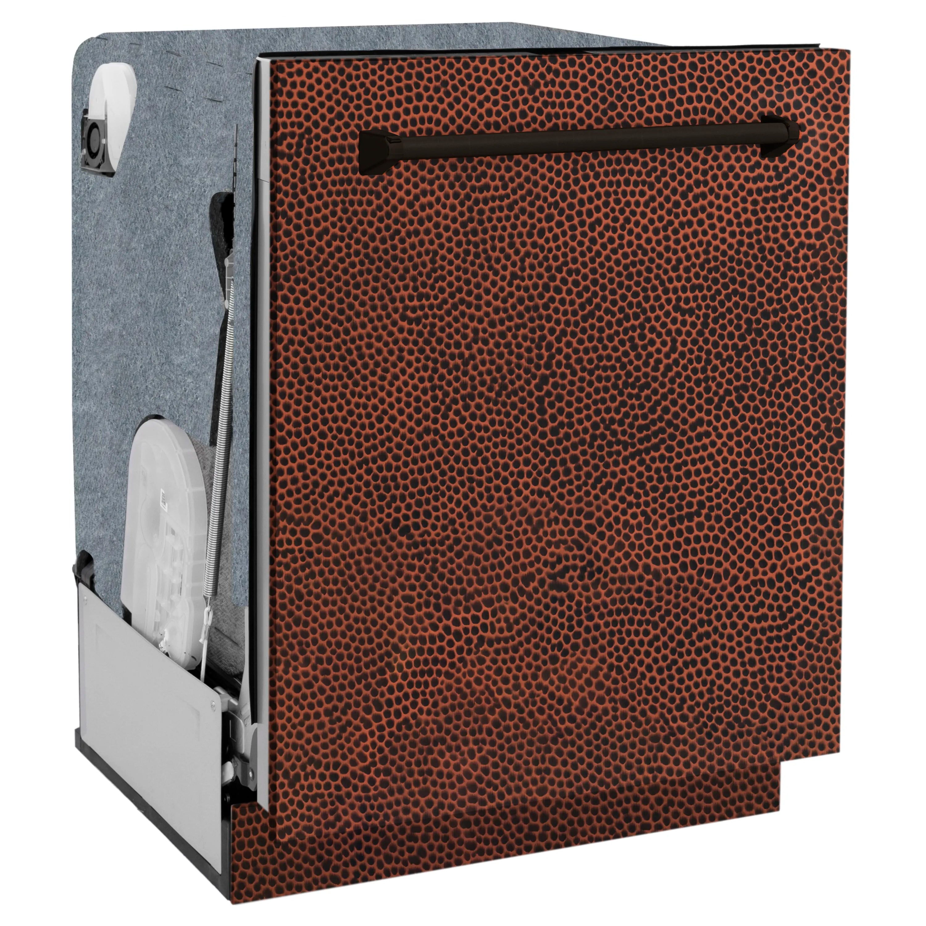 Dishwasher side view with hand hammered copper door and open interior racks