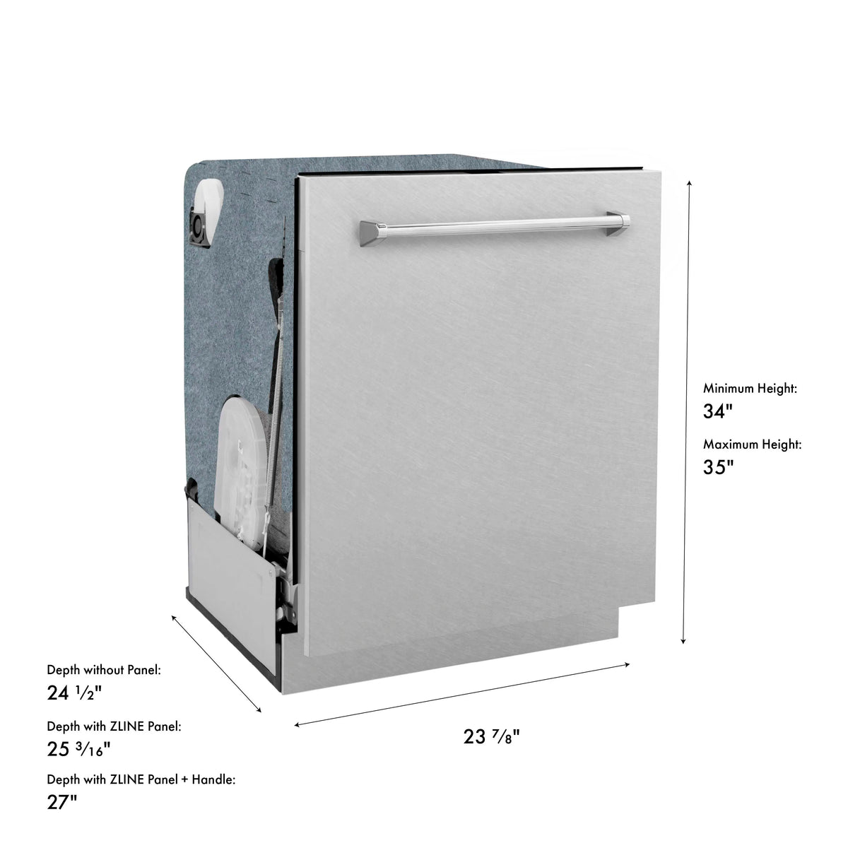Dishwasher side view with horizontal handle and inner cabinet opening.
