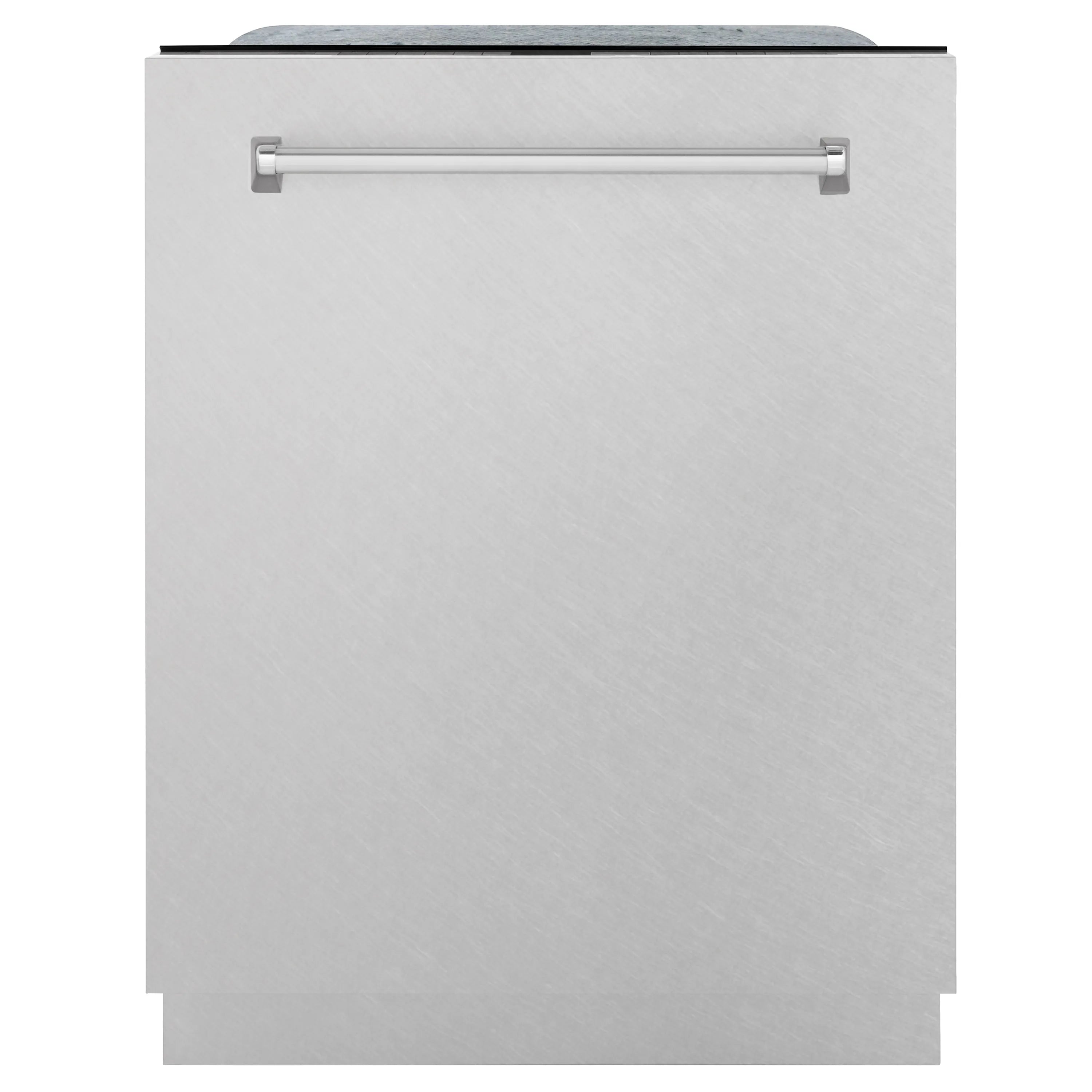 Satin stainless steel dishwasher front with horizontal handle.