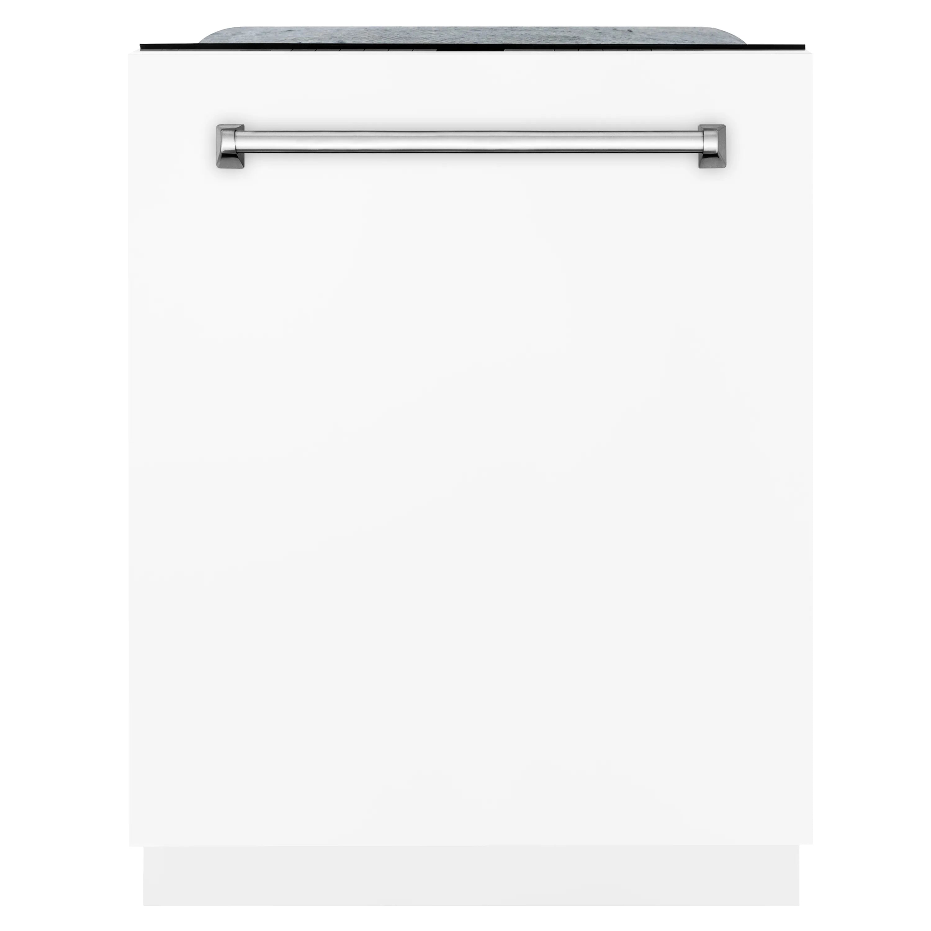 White matte dishwasher front door with horizontal stainless steel bar handle