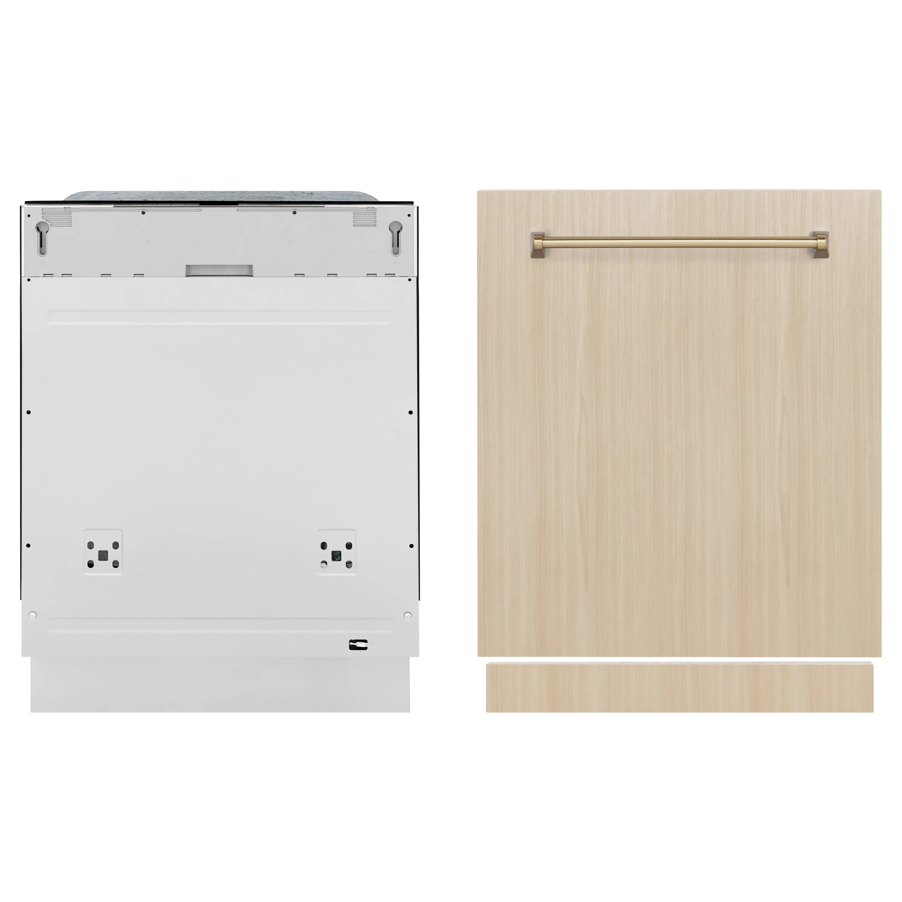 Panel-ready tall dishwasher with wood-look door panel and champagne bronze handle