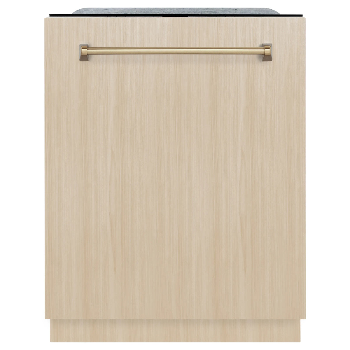 Wood-look custom panel for panel-ready dishwasher with champagne bronze handle bar