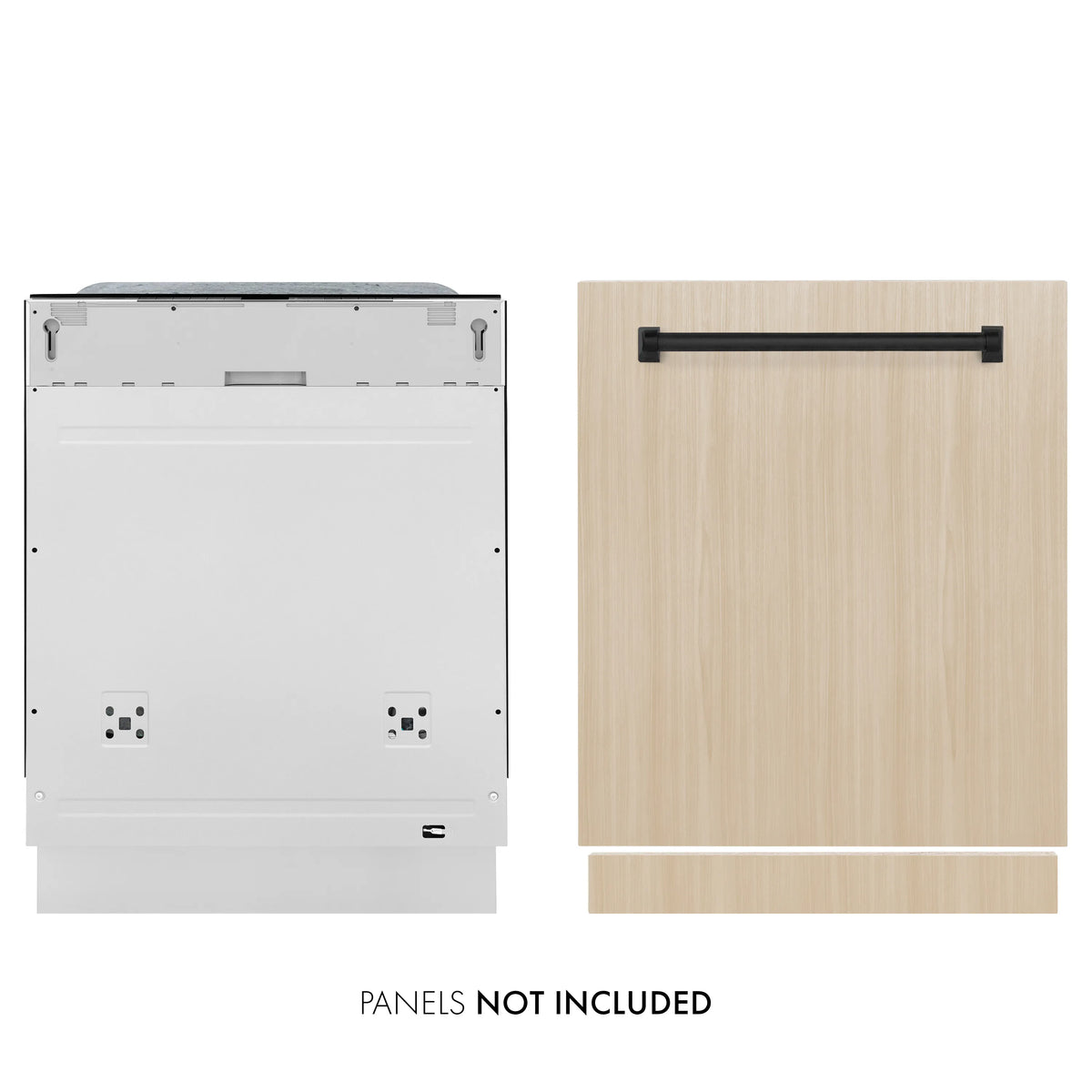 Dishwasher back and front panel-ready views with black handle; panels not included