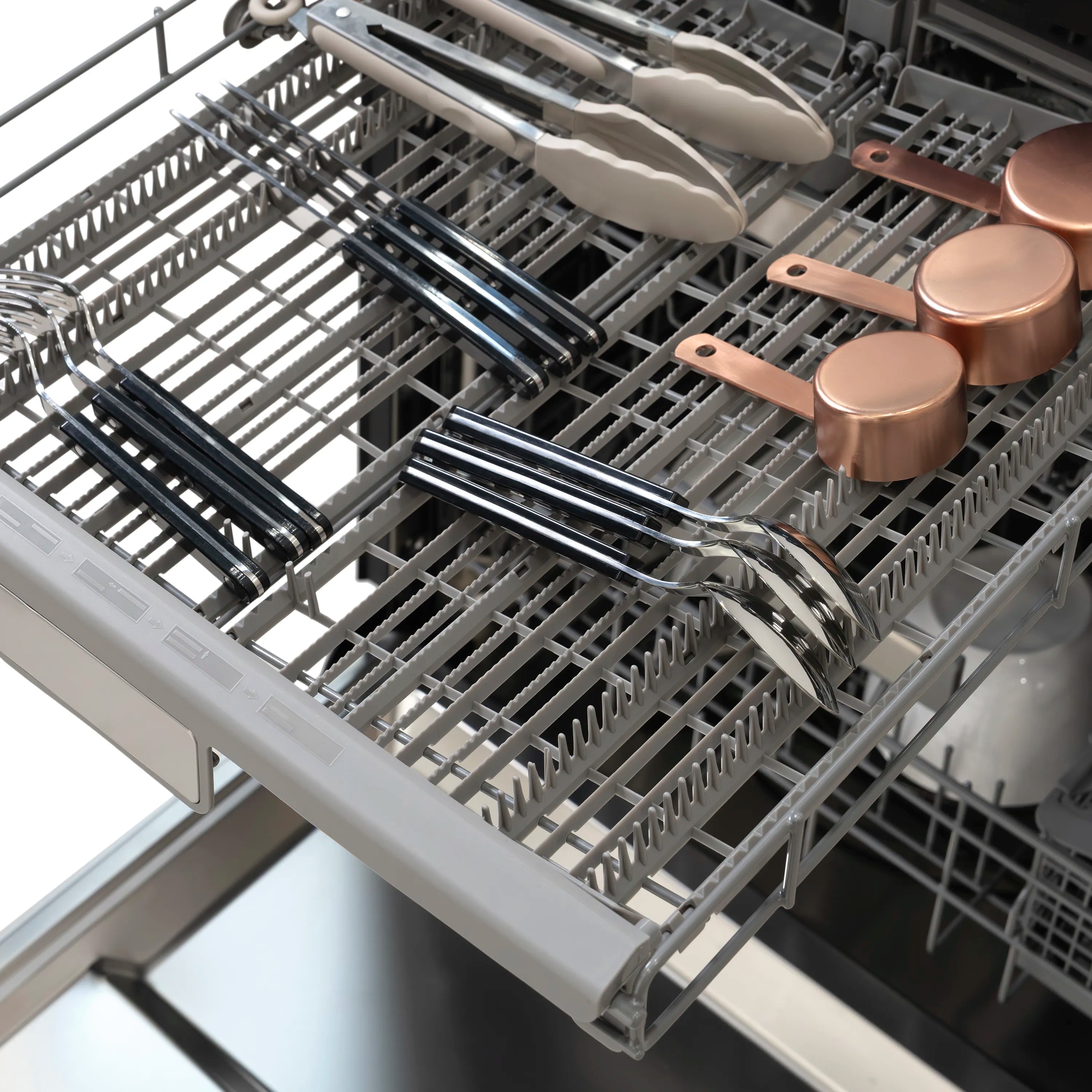 Dishwasher third rack with bronze utensil cups and utensil slots