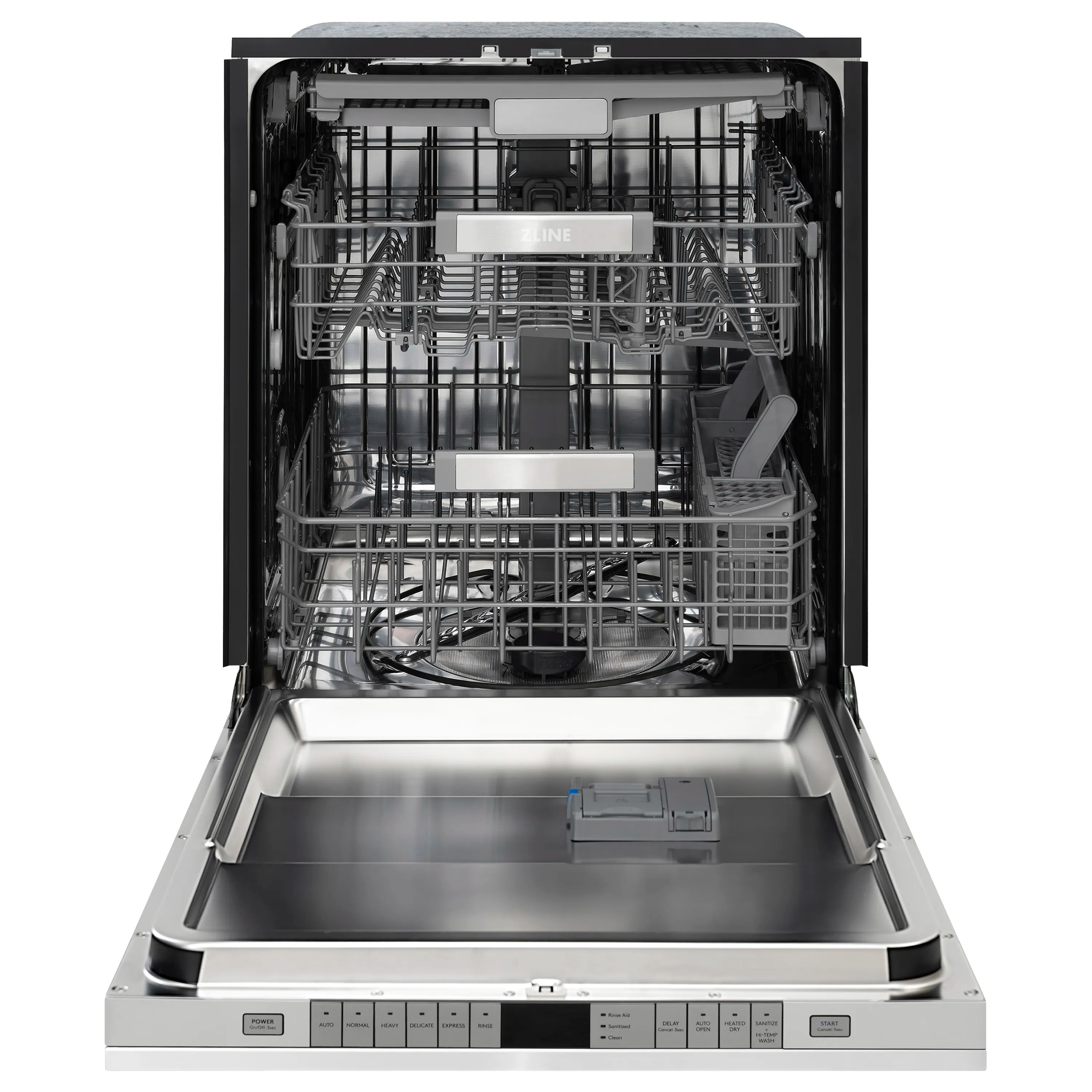 Built-in dishwasher open door with stainless racks and interior tub