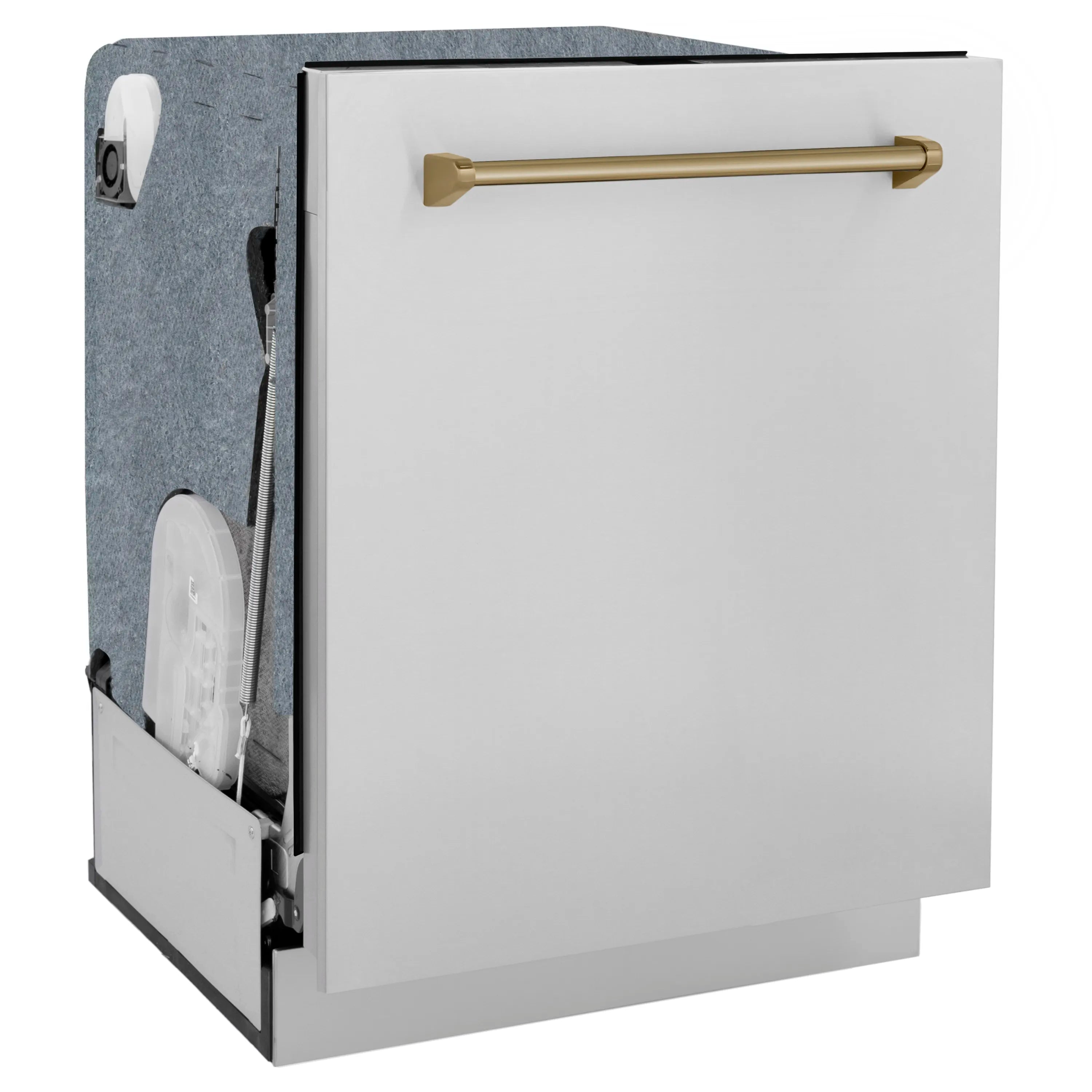 Dishwasher open door on stainless steel with champagne bronze bar handle