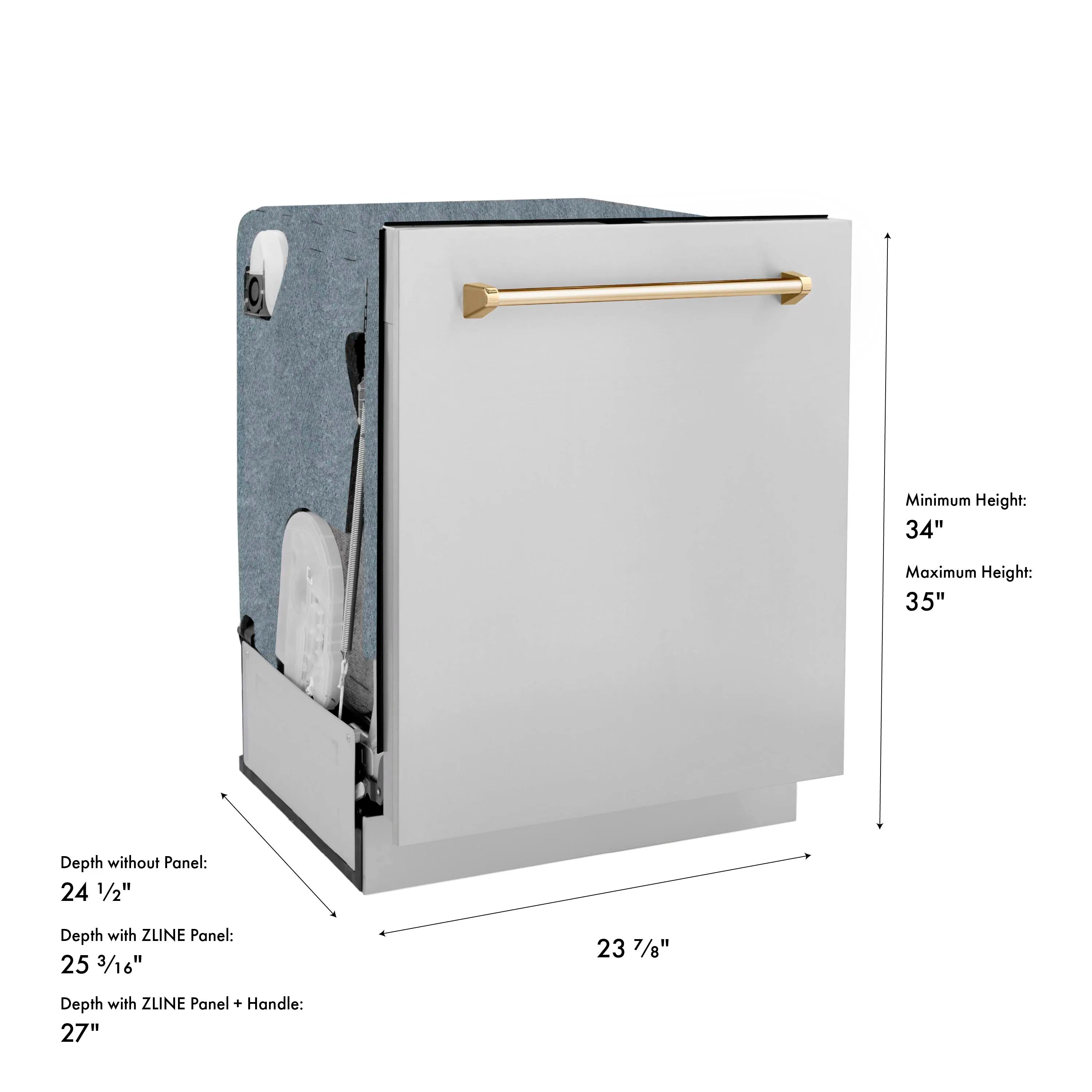 Dishwasher front view with gold handle on white door panel