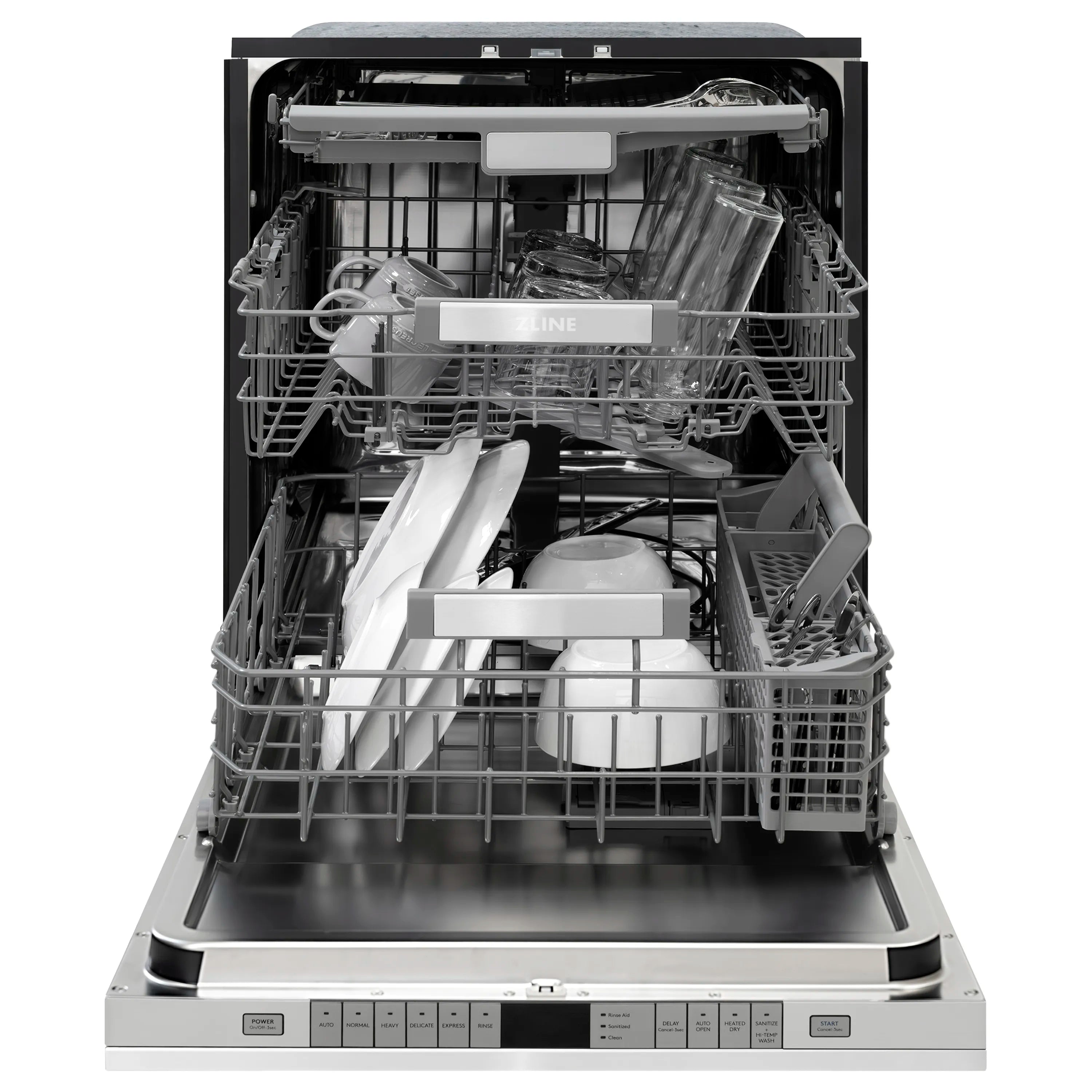 Stainless steel dishwasher with top rack loaded and door open, showing interior wash arms