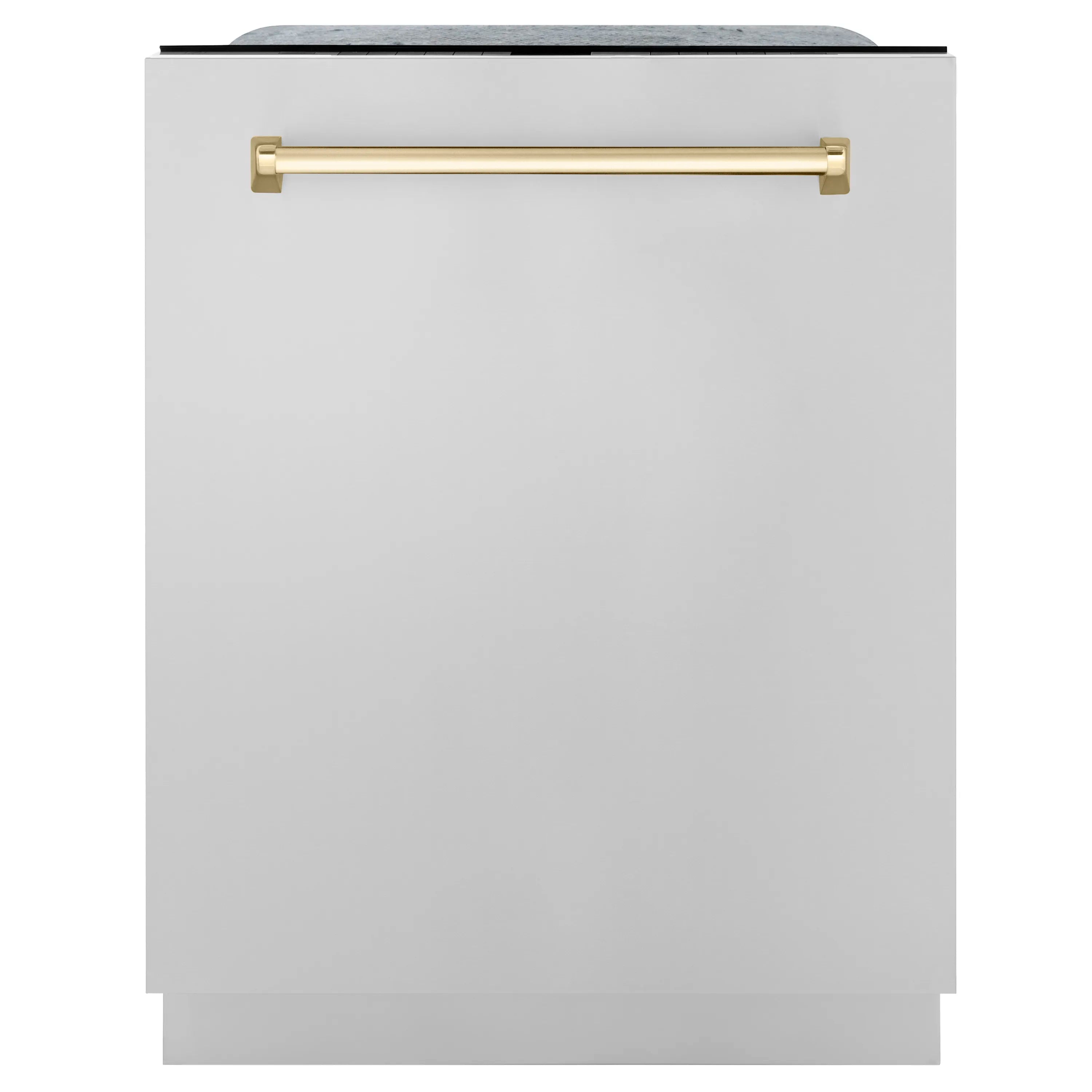 Dishwasher front door with gold bar handle on white cabinet