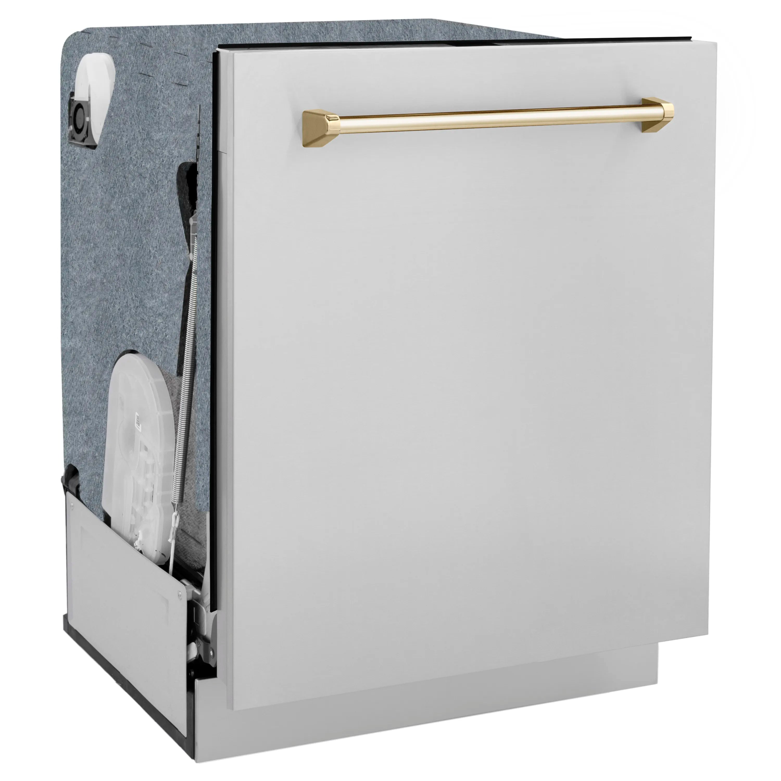Built-in dishwasher with white front panel and gold bar handle, side view