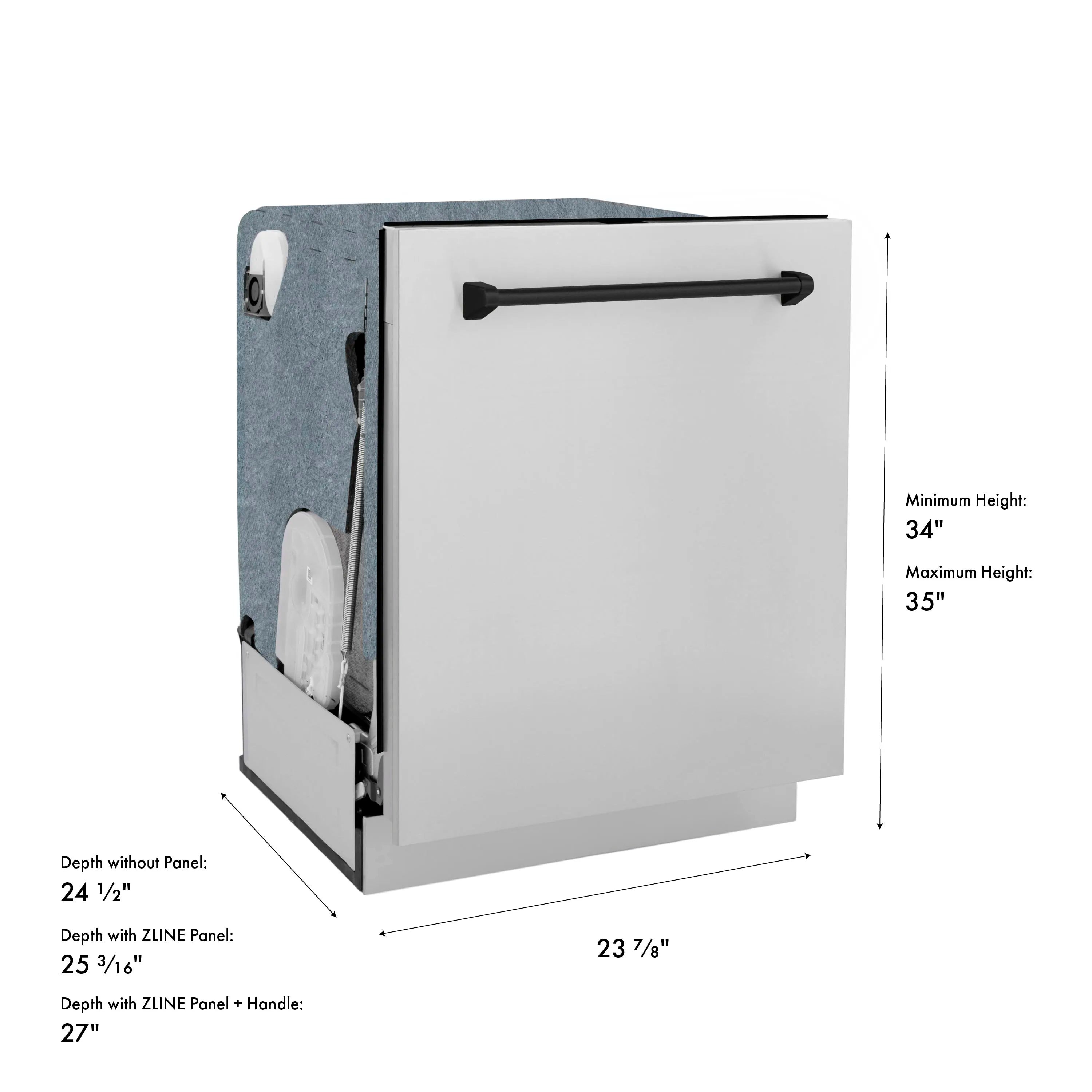 Dishwasher door with top handle and height/depth dimension diagram.