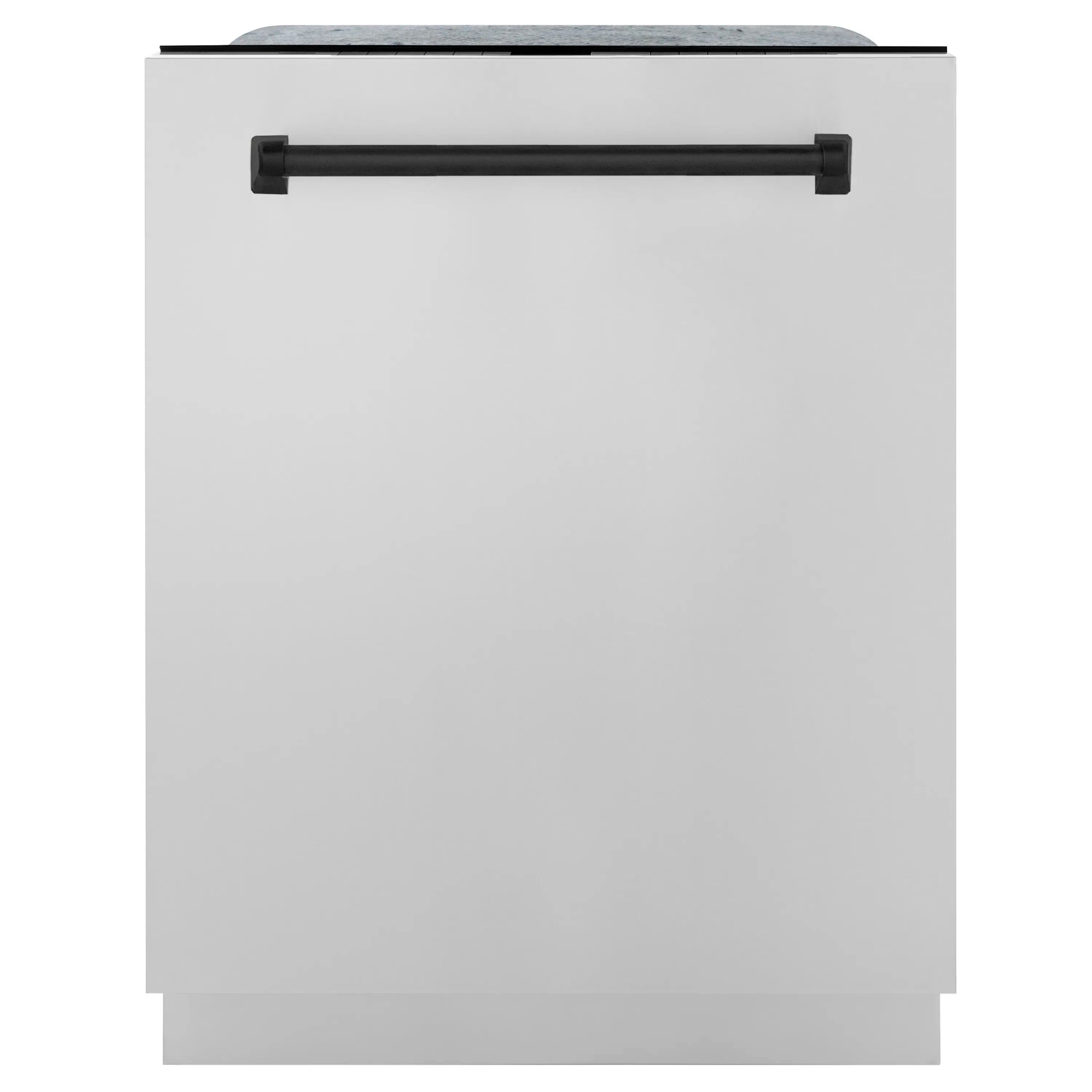 Compact view of dishwasher door with matte black handle on stainless finish