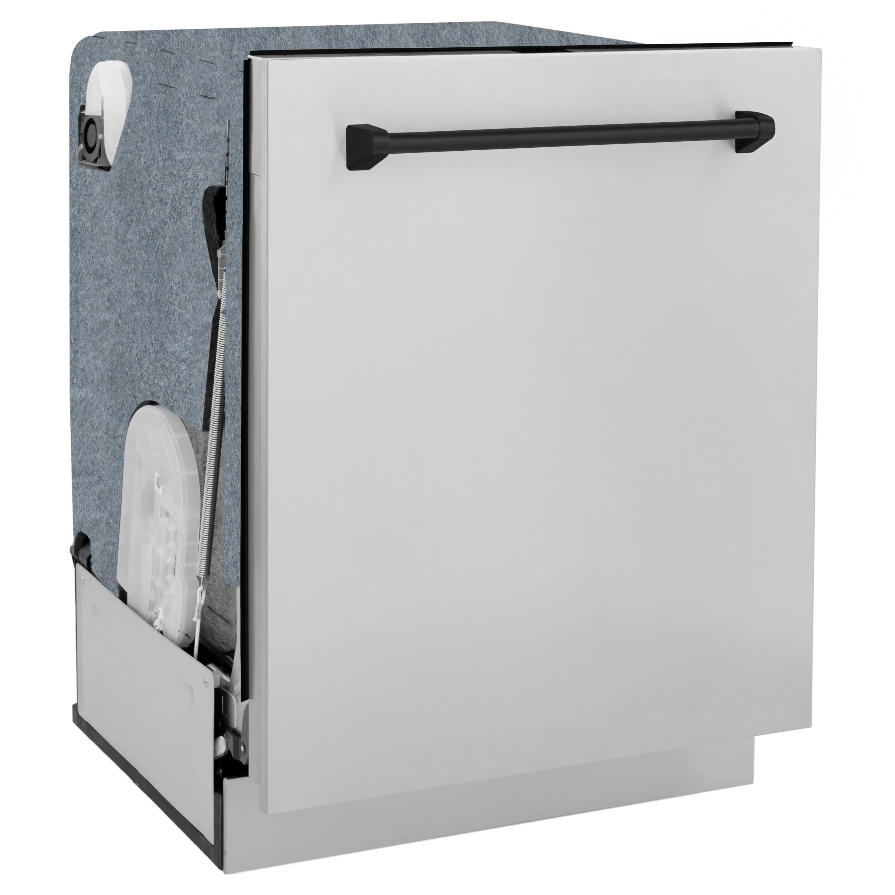 Stainless steel tall tub dishwasher with matte black handle and closed door